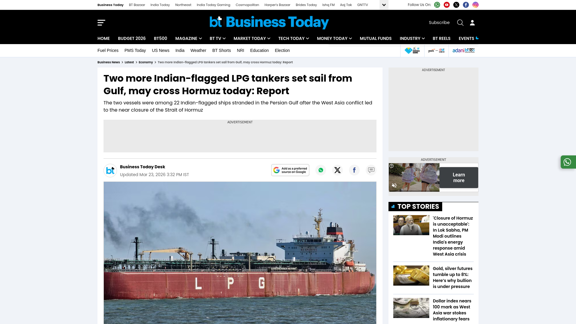 website screenshot of https://www.businesstoday.in/latest/economy/story/two-more-indian-flagged-lpg-tankers-set-sail-from-gulf-may-cross-hormuz-today-report-521881-2026-03-23