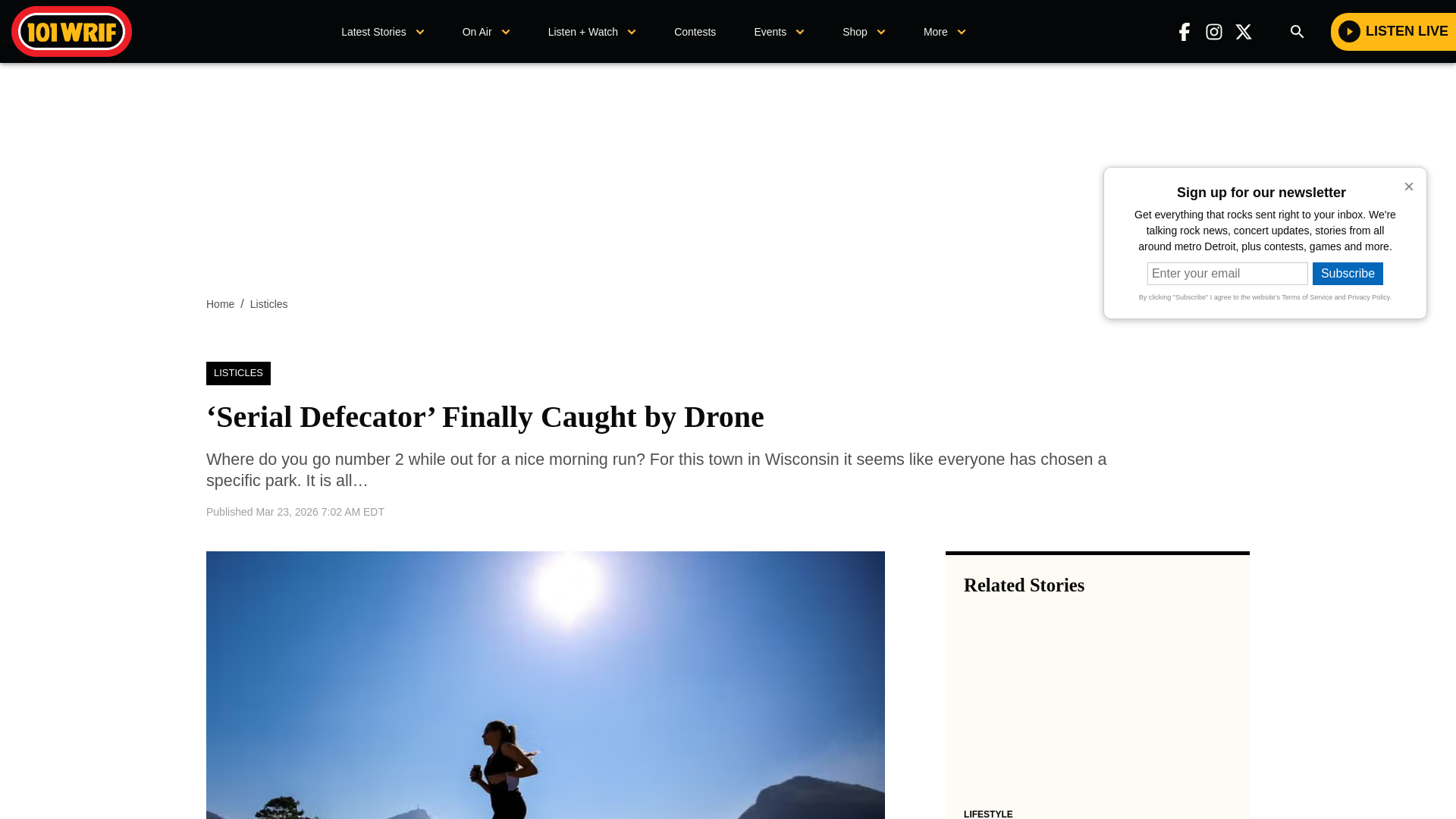 website screenshot of https://wrif.com/2026/03/23/serial-defecator-finally-caught-by-drone/