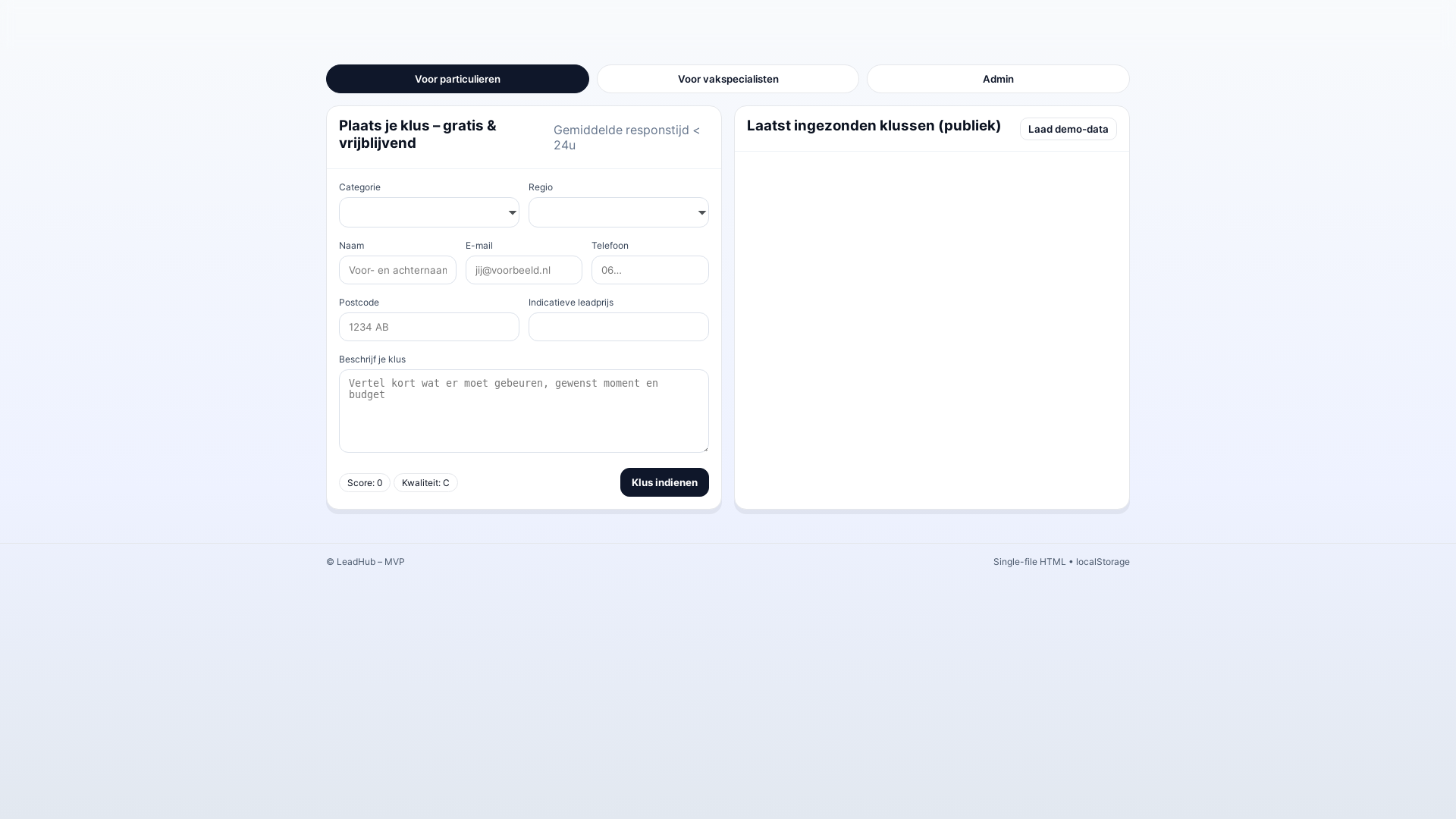 website screenshot of https://klusaanvragen.nl/