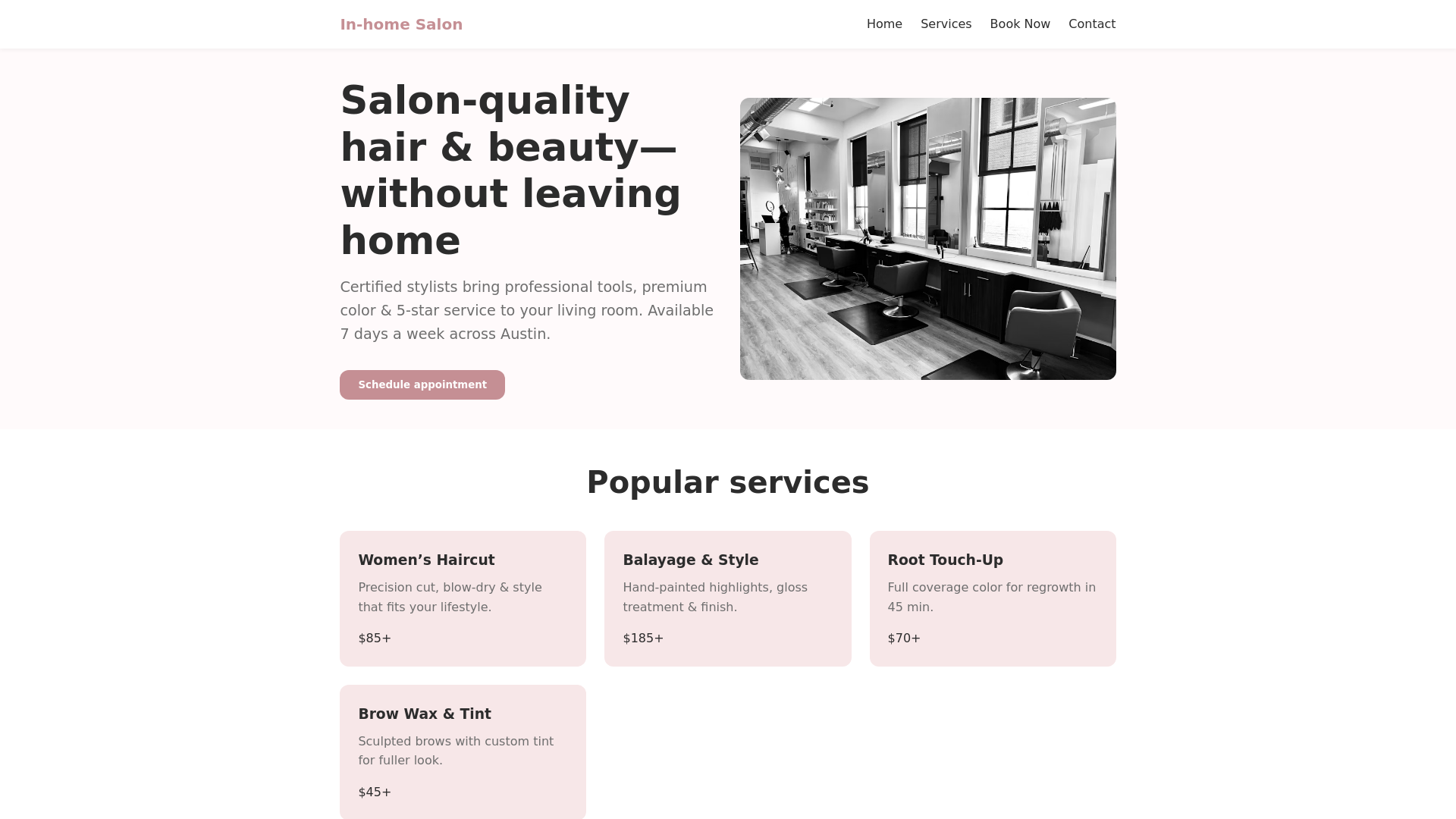 website screenshot of https://in-home-salon.pages.dev/