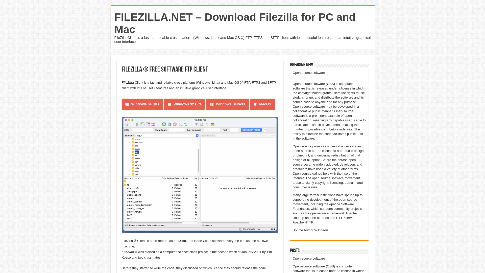 website screenshot of https://filezilla.net/