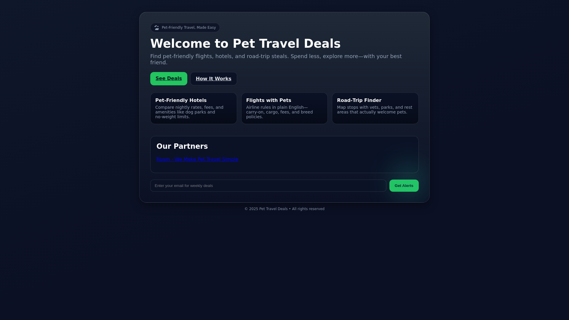 website screenshot of https://pettraveldeals.com/
