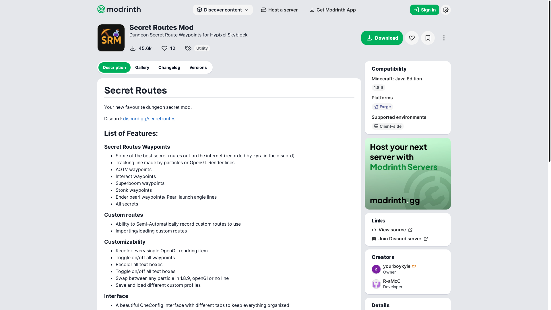 website screenshot of https://modrinth.com/mod/secret-routes-mod