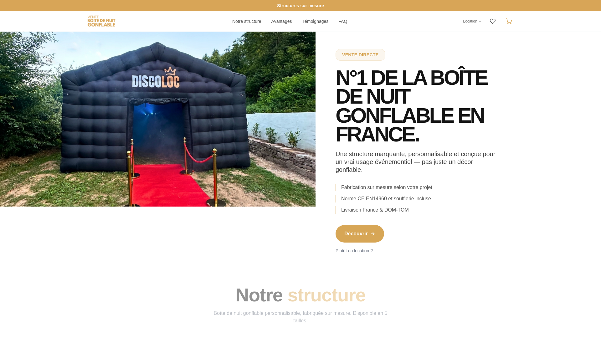 website screenshot of https://boite-de-nuit-gonflable.com