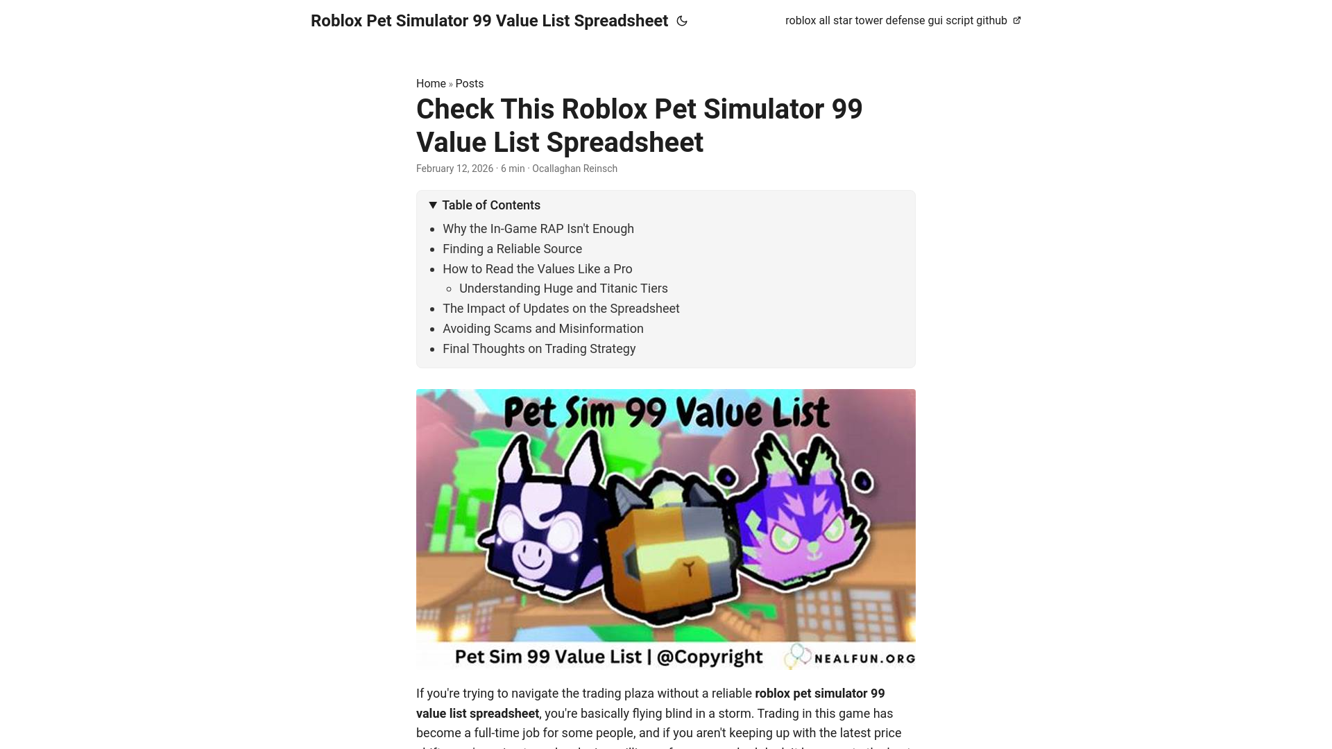 website screenshot of https://roblox-pet-simulator-99-value-list-spreadsheet.pages.dev/