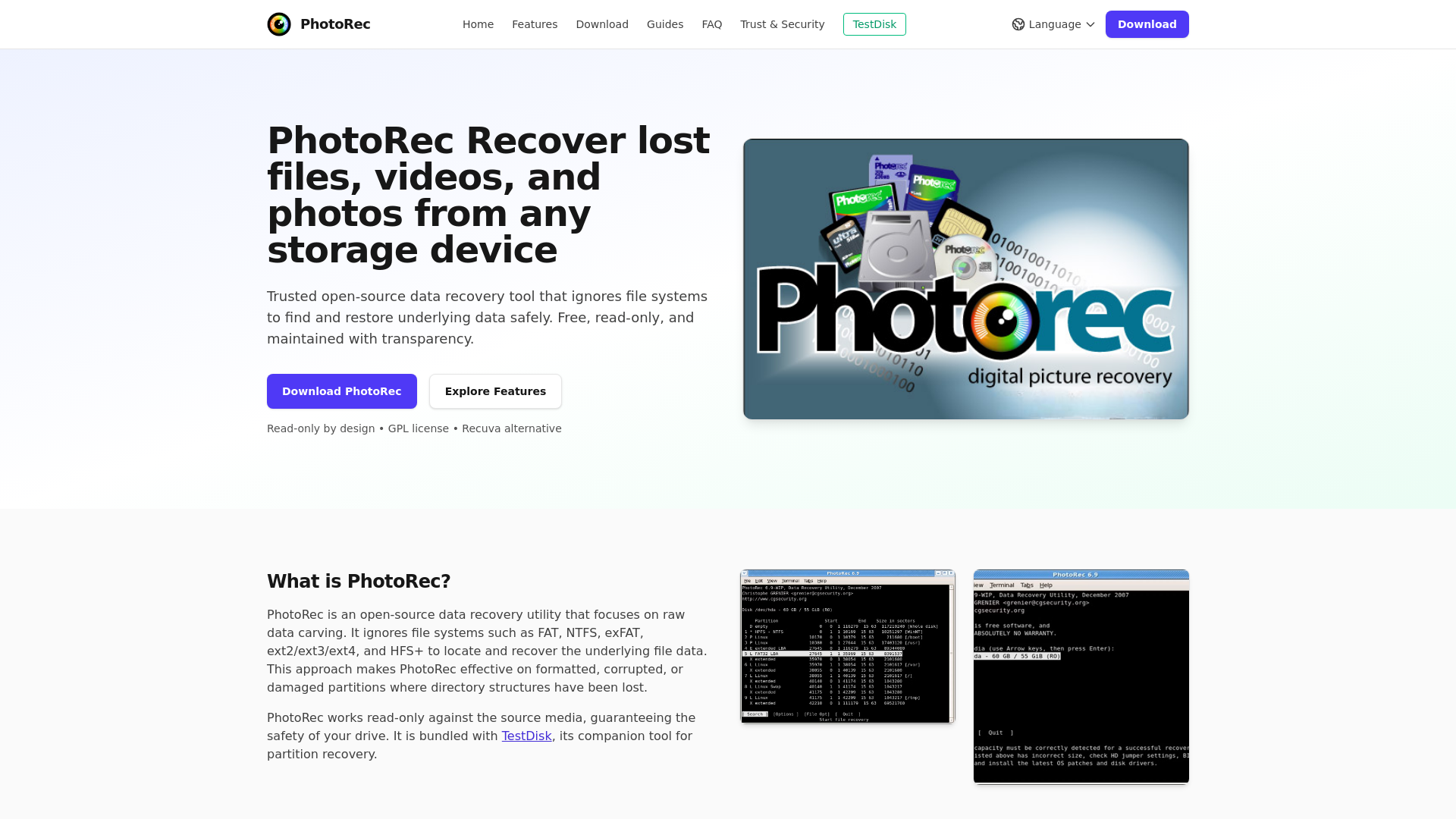 website screenshot of https://photorec.pro