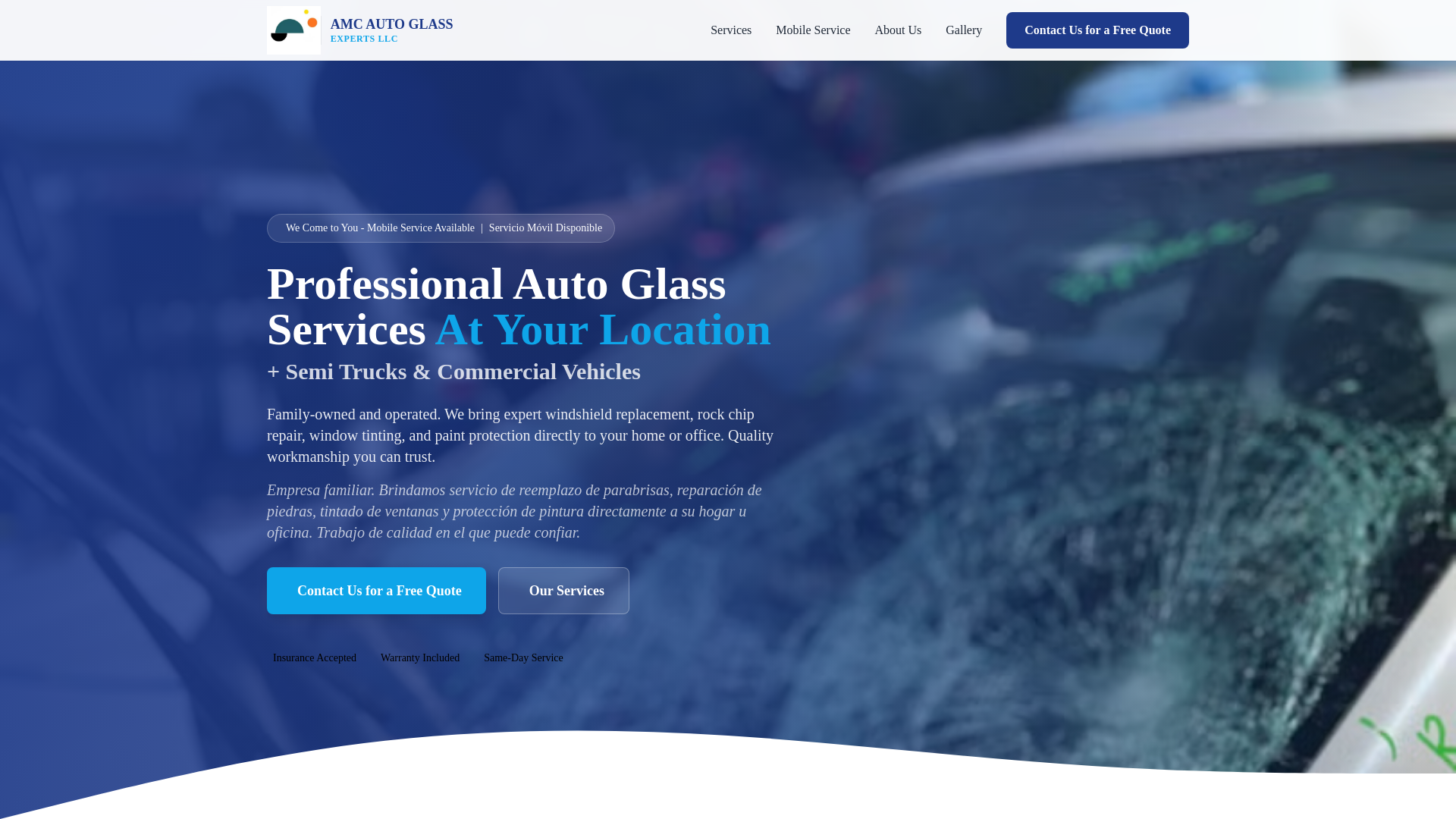 website screenshot of https://amcautoglass.com/