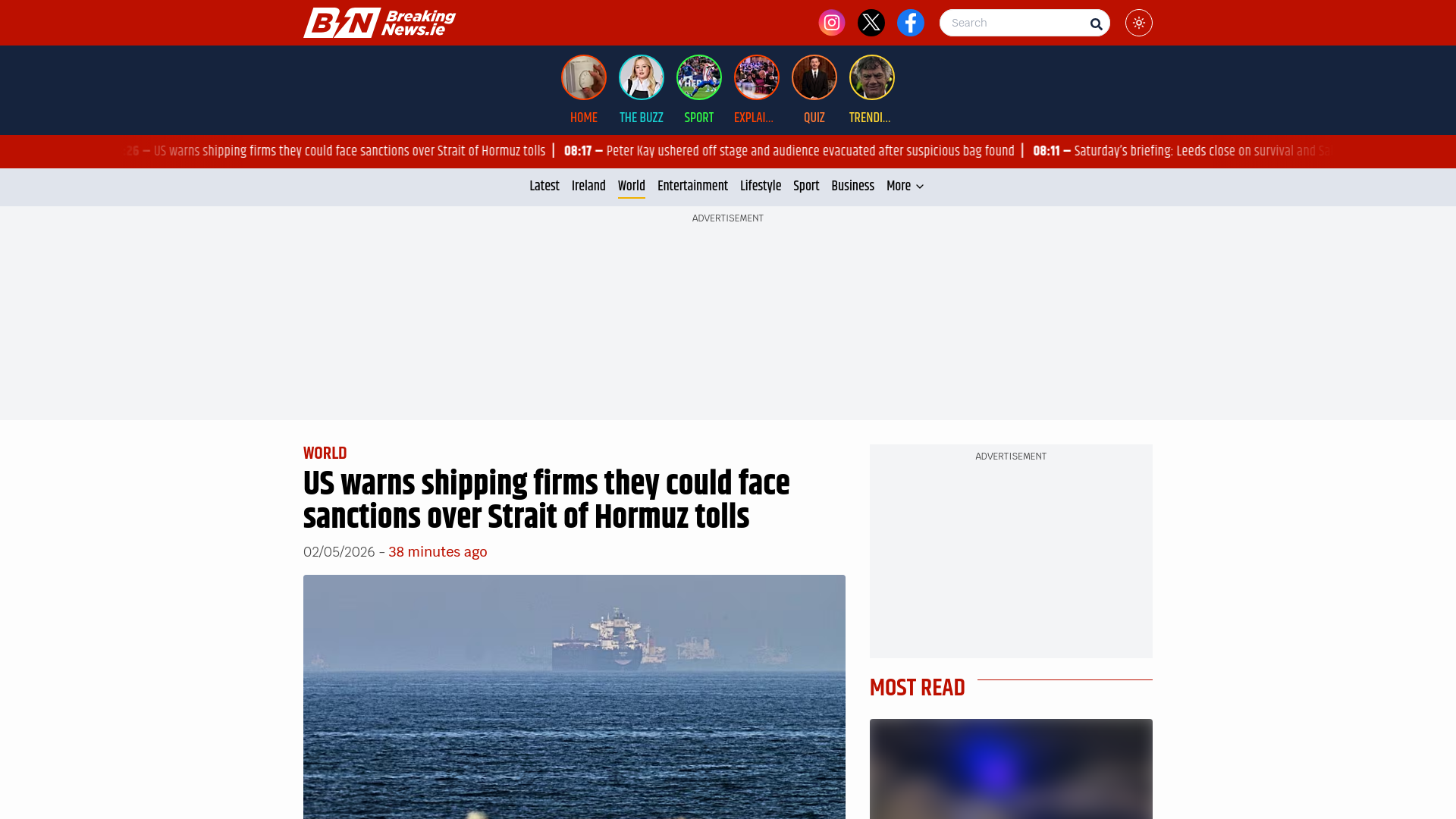 website screenshot of https://www.breakingnews.ie/world/us-warns-shipping-firms-they-could-face-sanctions-over-strait-of-hormuz-tolls-1894823.html