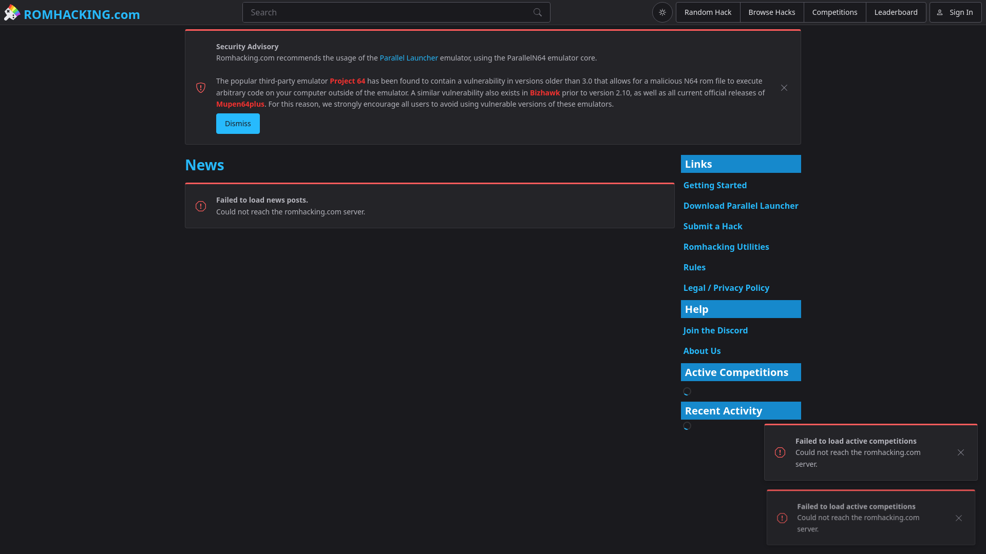 website screenshot of https://romhacking.com/