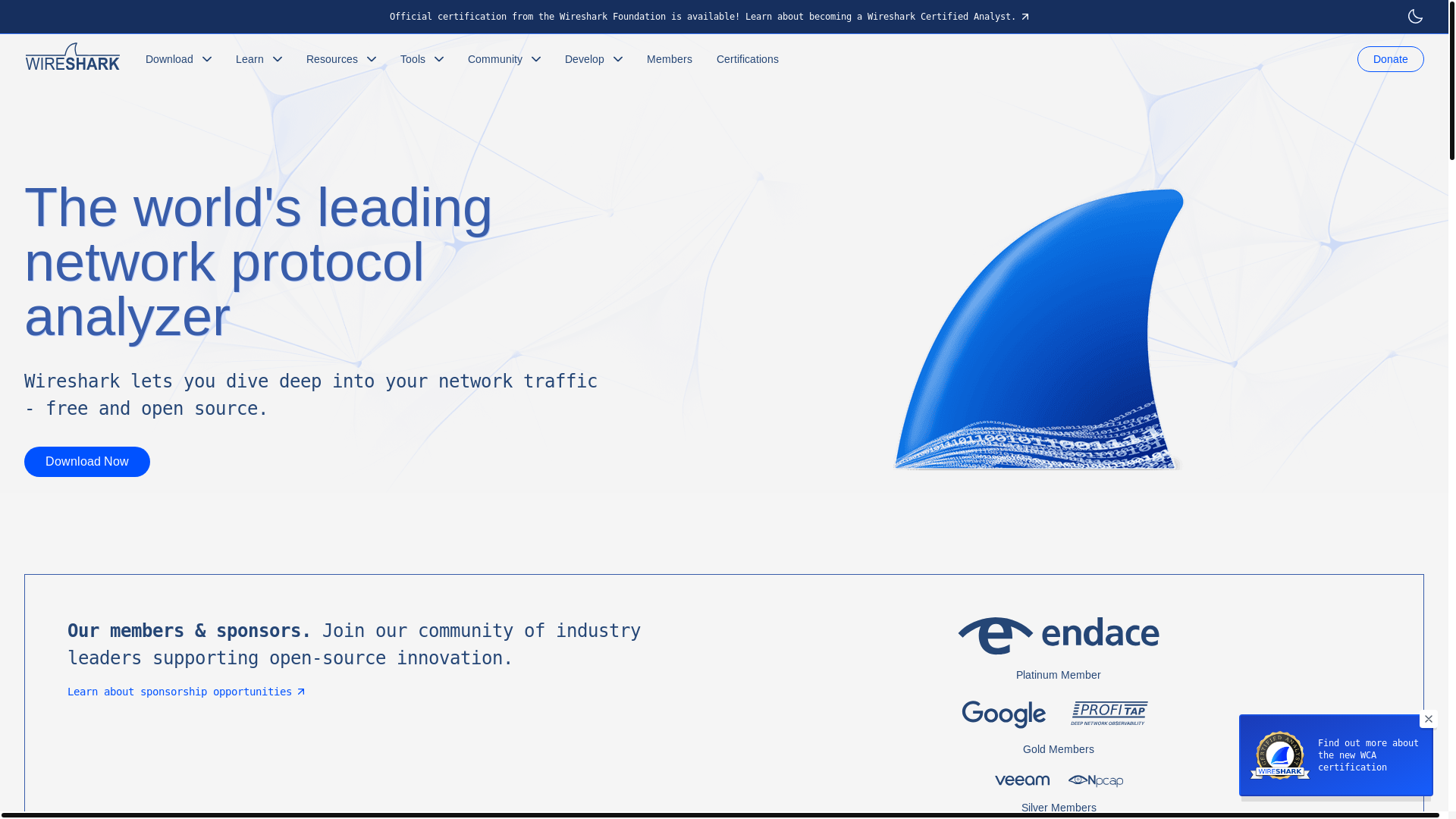website screenshot of https://www.wireshark.org/