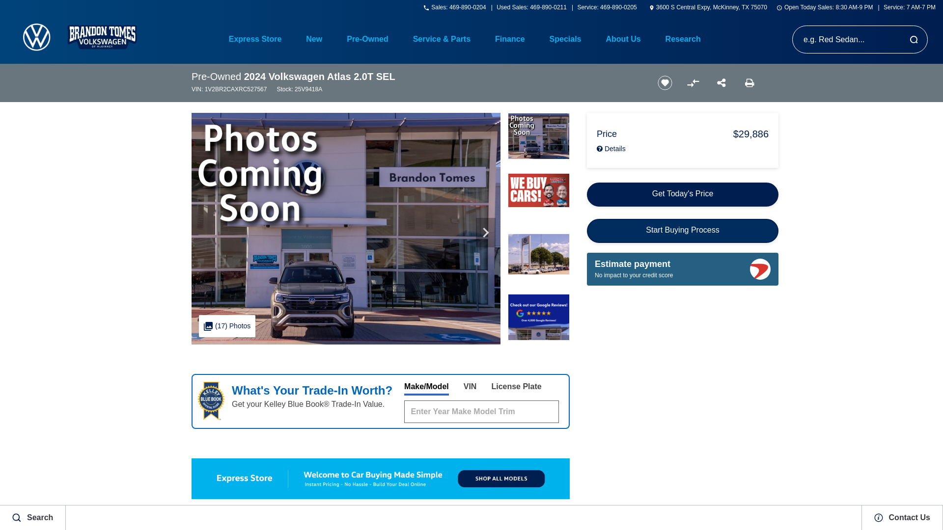 website screenshot of https://www.brandontomesvw.com/inventory/used-2024-volkswagen-atlas-2-0t-sel-awd-4d-sport-utility-1v2br2caxrc527567/