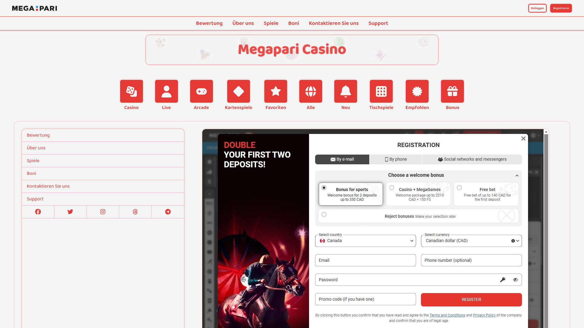 website screenshot of https://casinomegapari.de/
