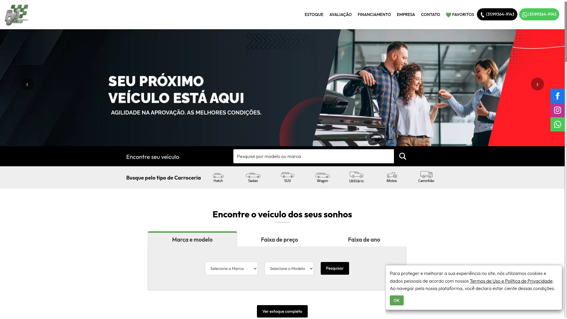 website screenshot of https://pjaveiculos.com.br/