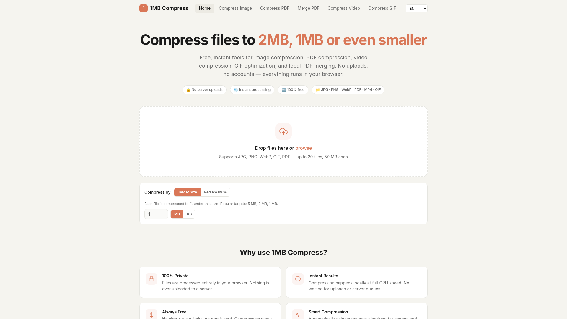 website screenshot of https://1mbcompress.com/