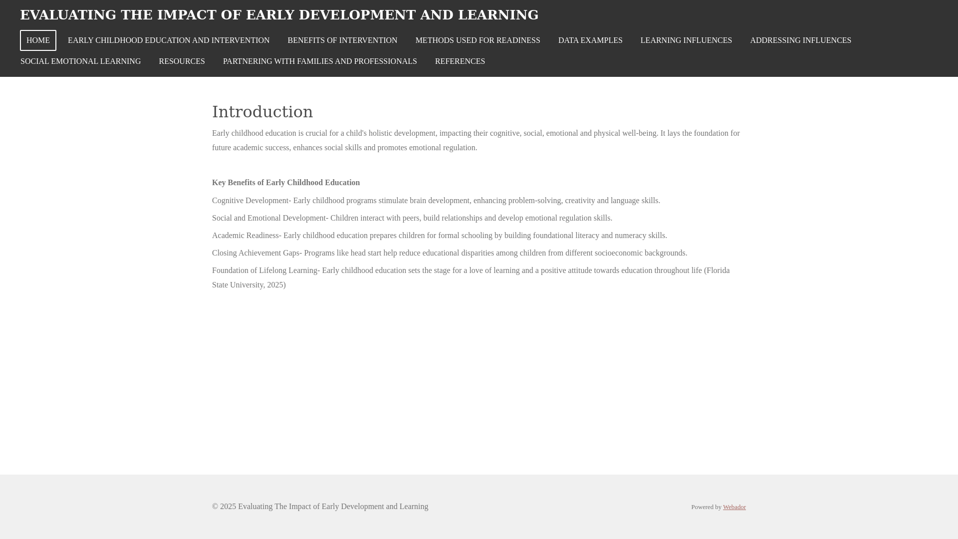 website screenshot of https://evaluating-the-impact-of-early-development-and-learning.com/