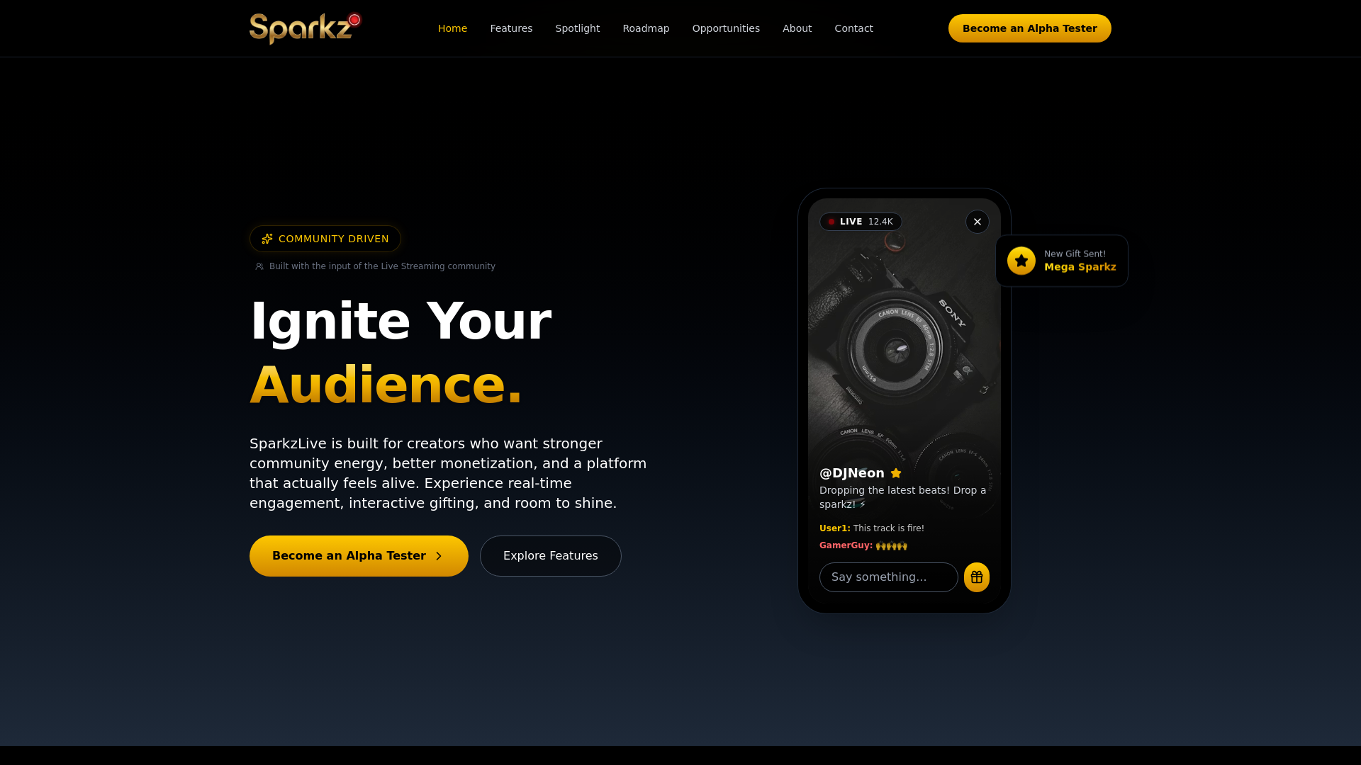 website screenshot of https://sparkzlive.com/