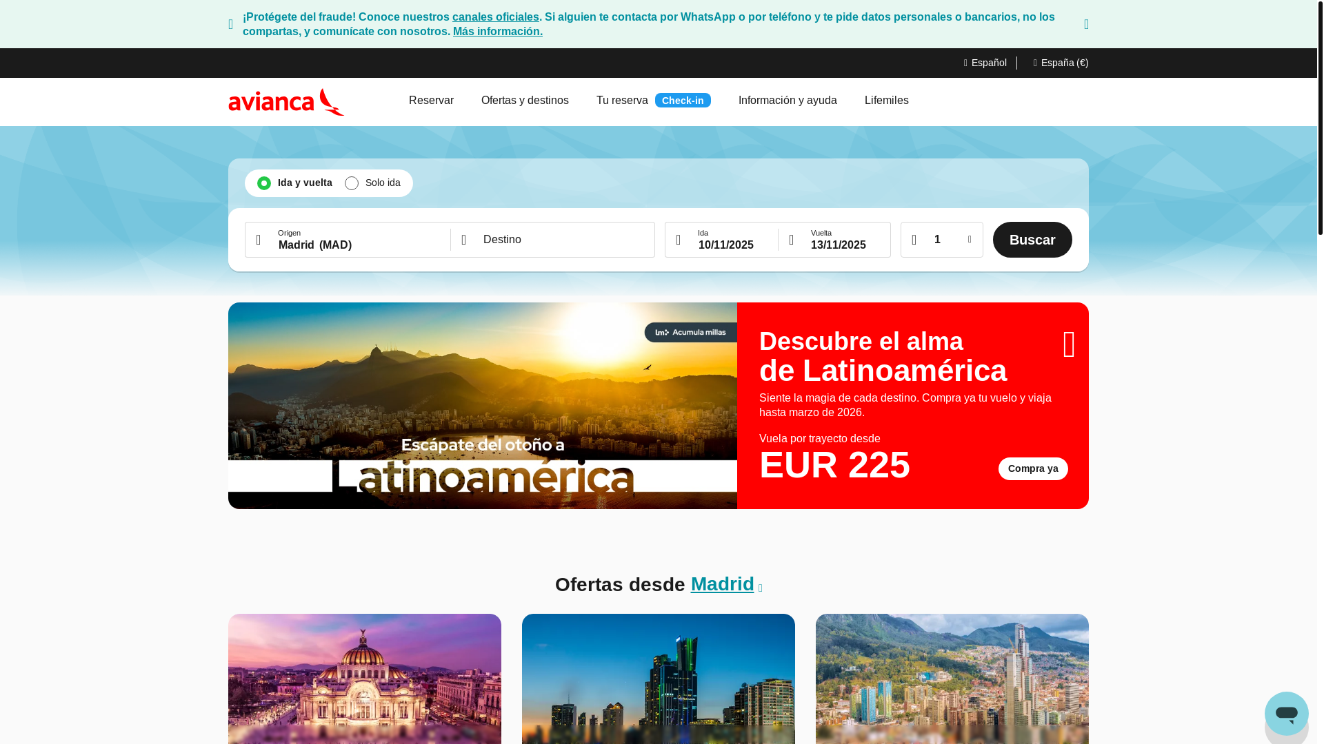 website screenshot of https://avianca.com
