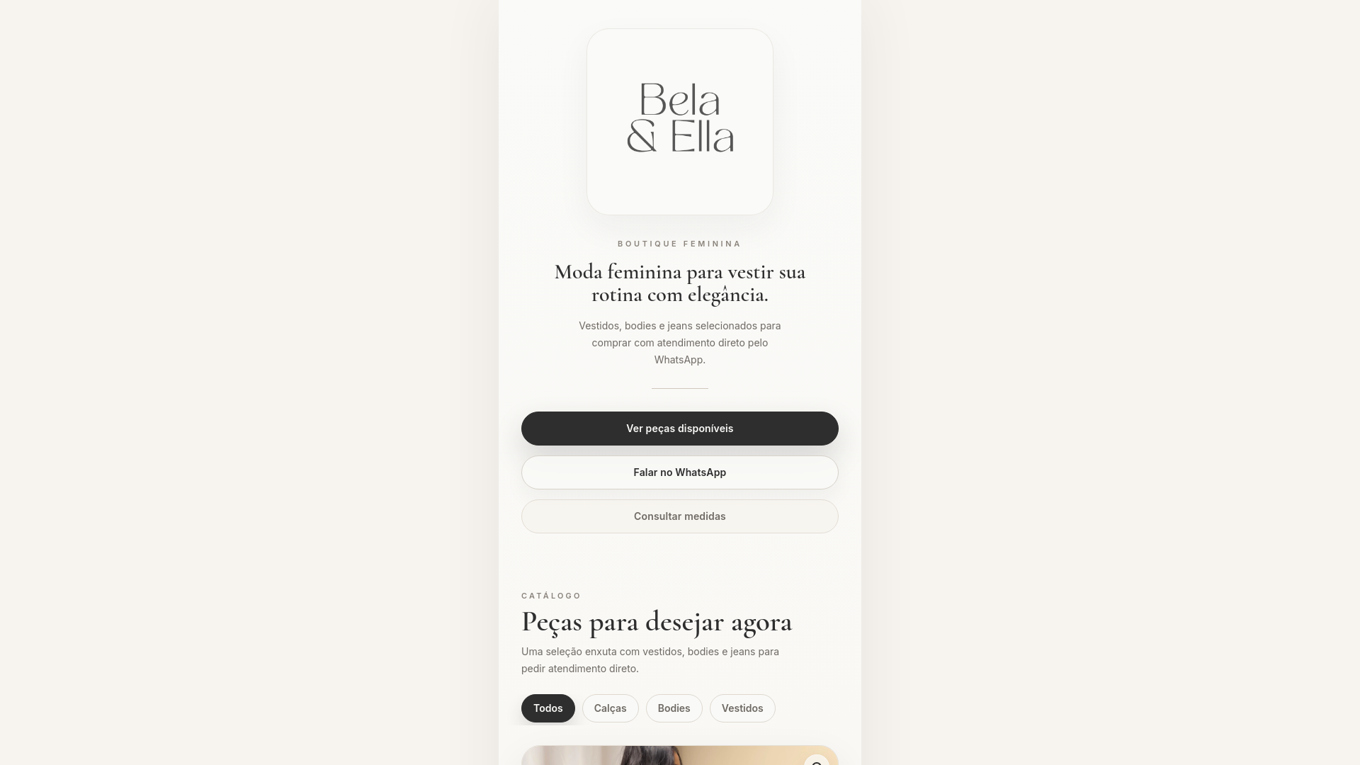 website screenshot of https://belaeella.com.br/