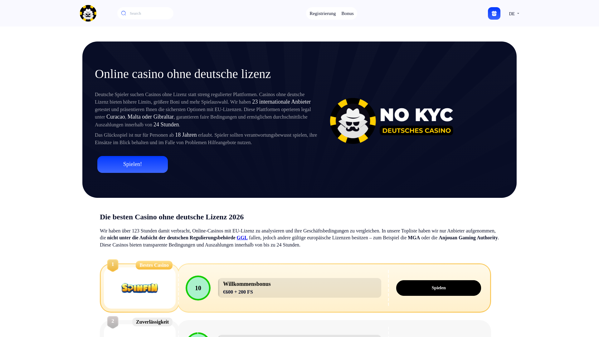 website screenshot of https://casinoohnedeutsche-lizenz.de