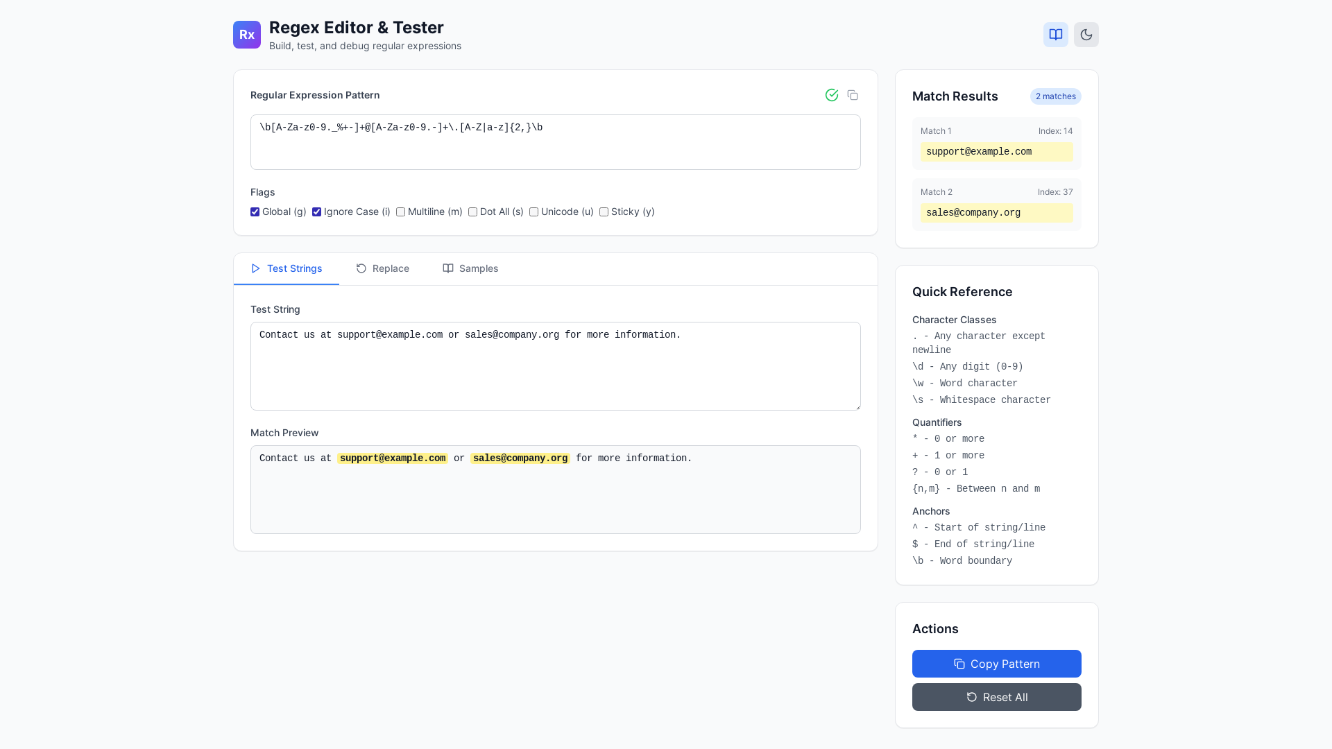 website screenshot of https://regextester.dev/