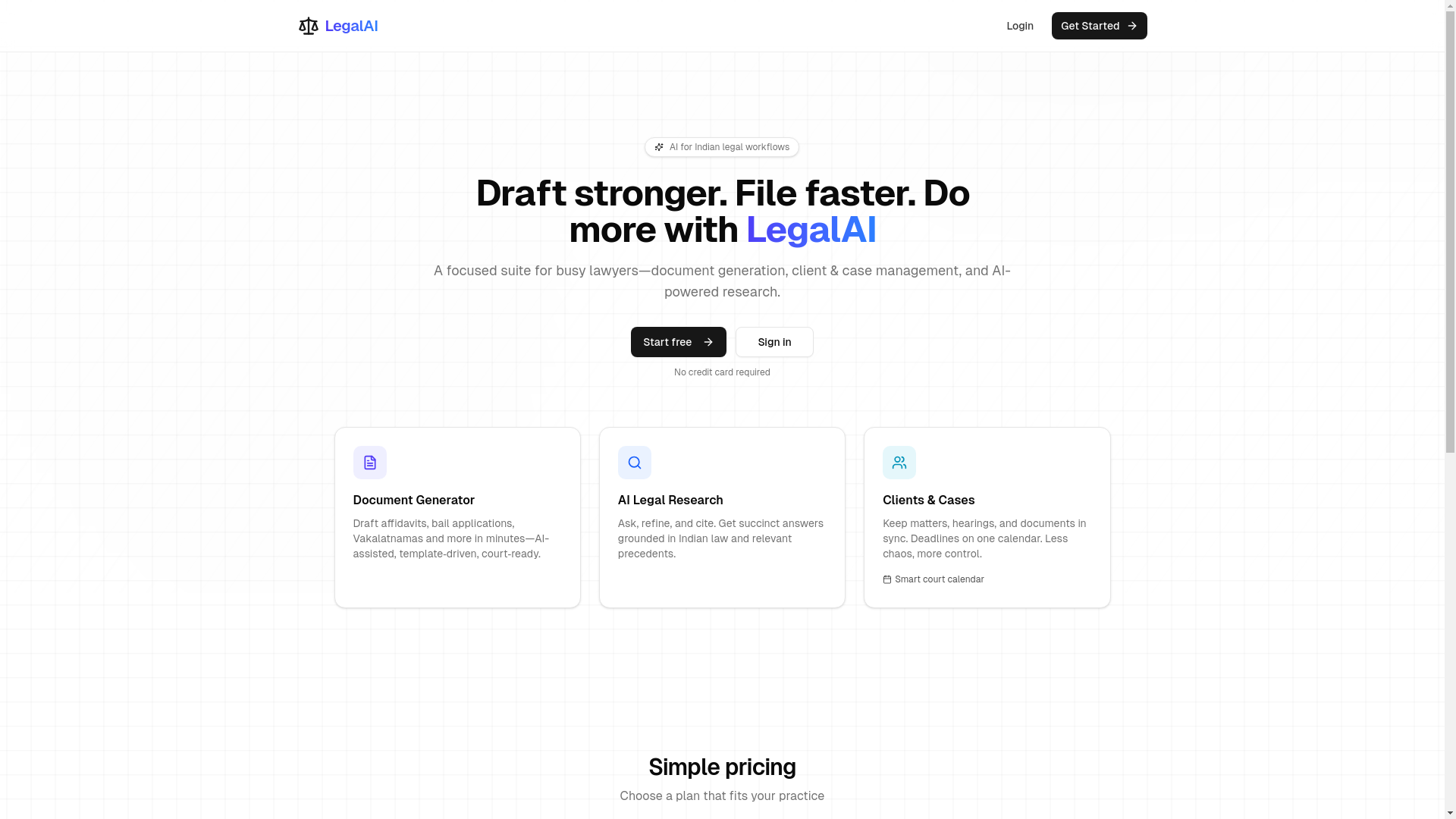 website screenshot of https://legalbharatai.com/