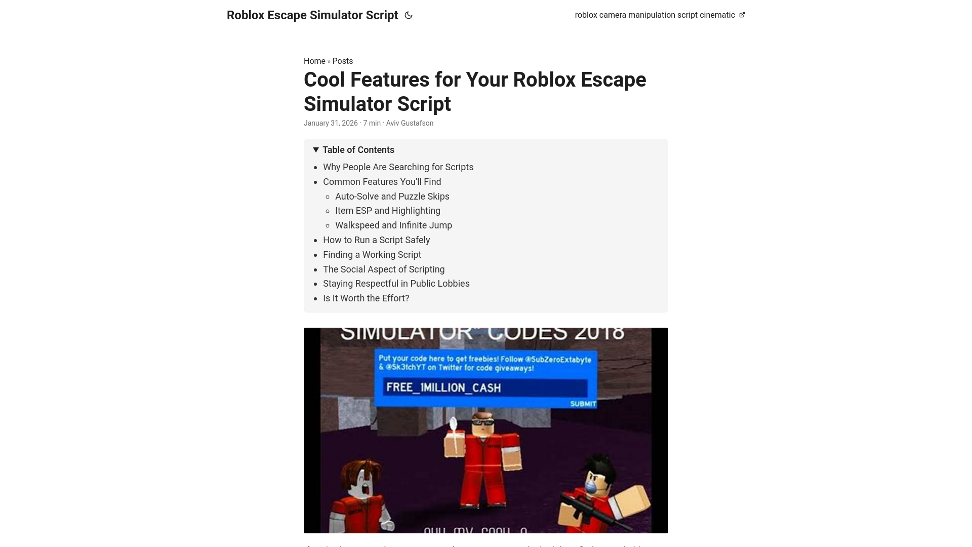 website screenshot of https://roblox-escape-simulator-script.pages.dev/