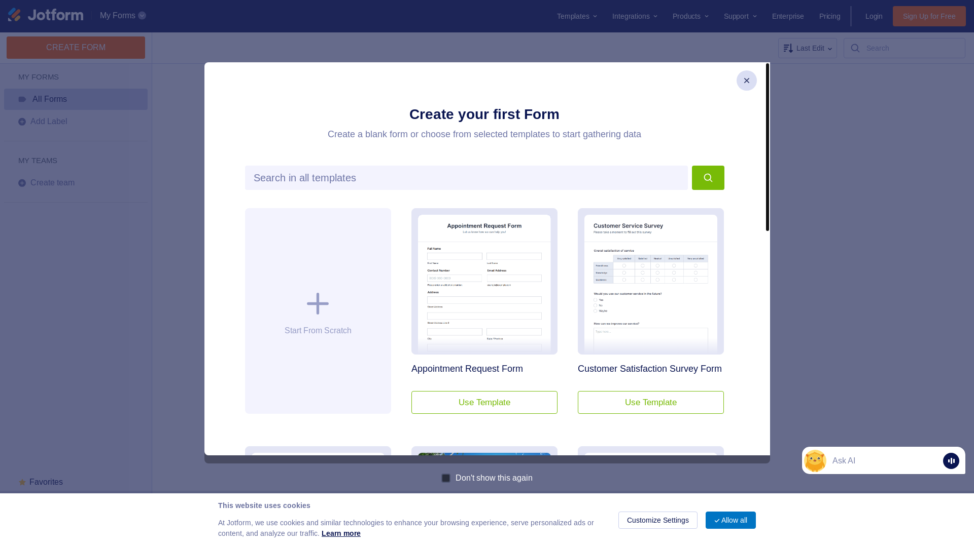 website screenshot of https://www.jotform.com/myforms/