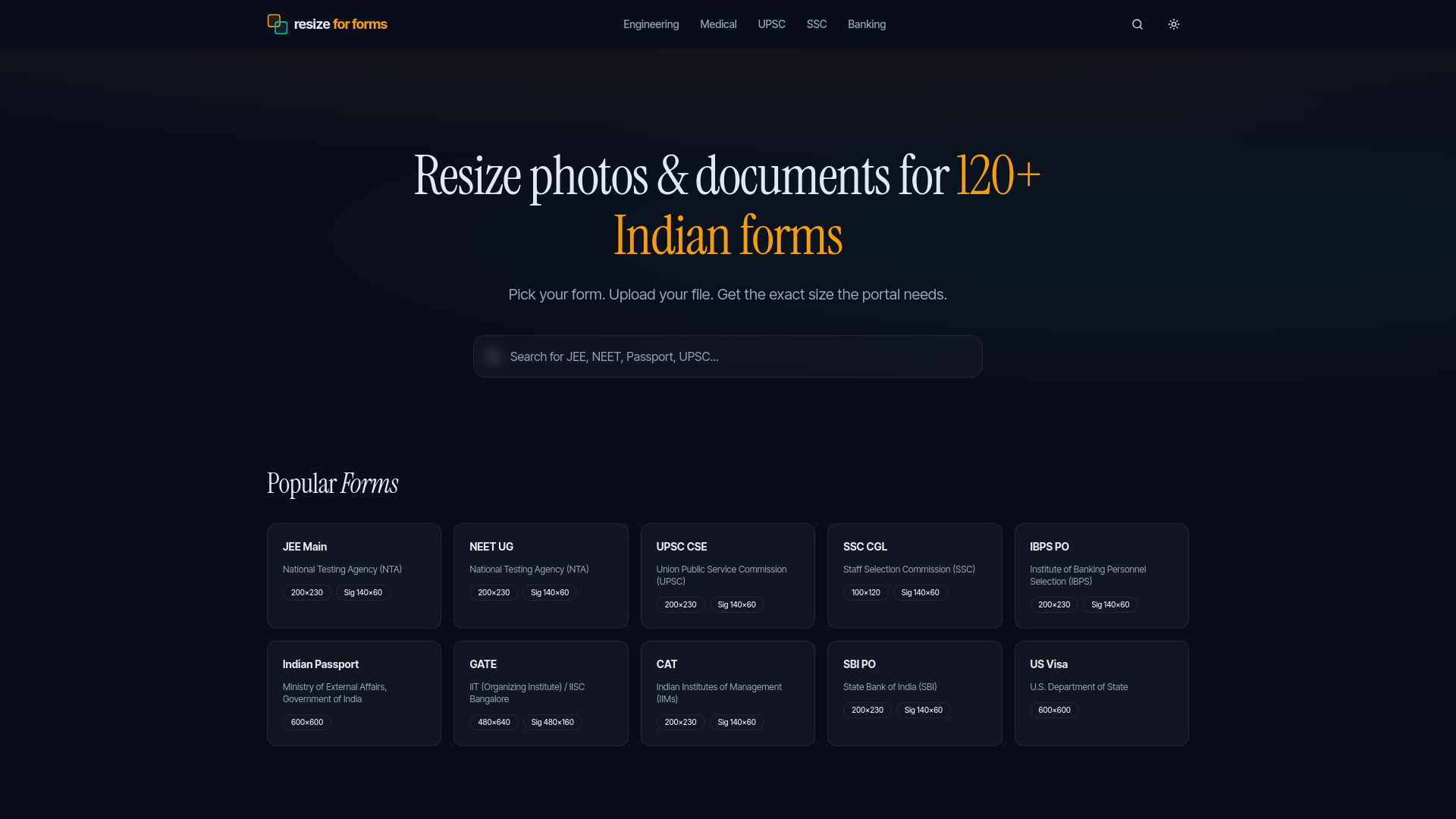 website screenshot of https://resizeforforms.online/