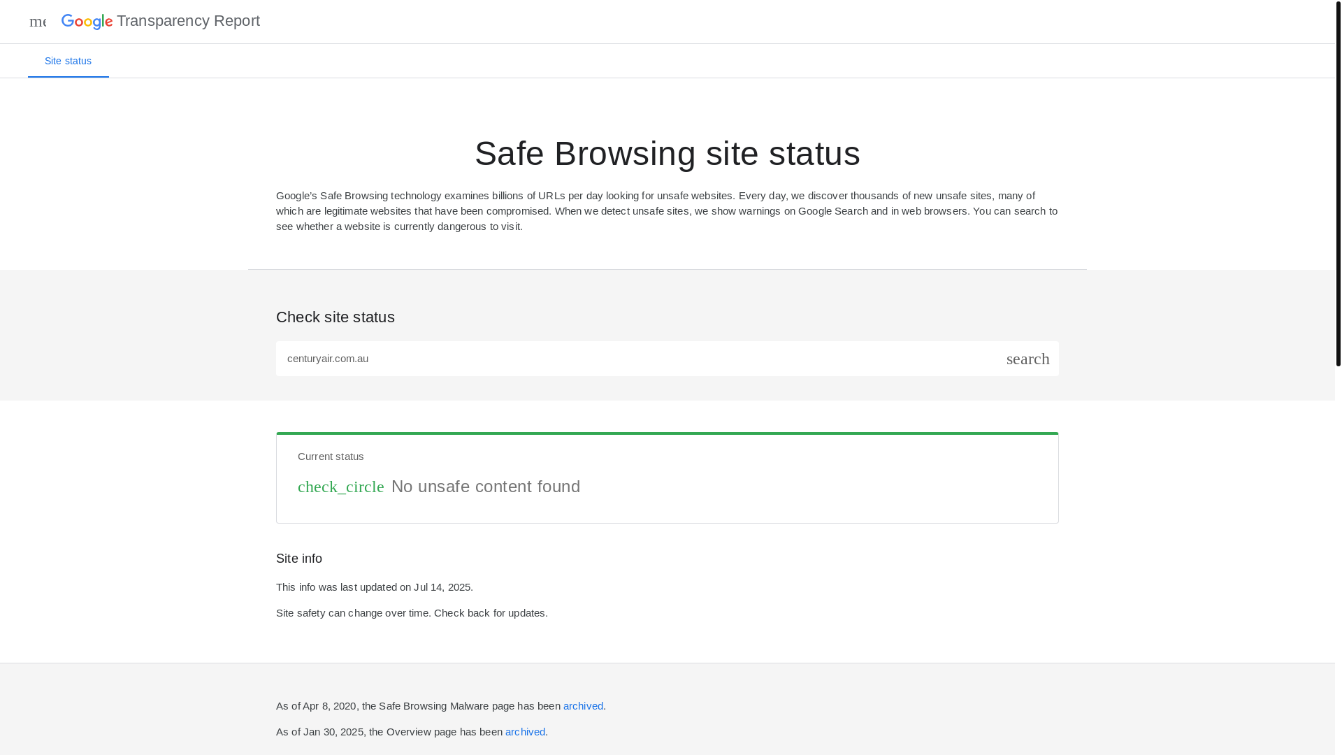 website screenshot of https://transparencyreport.google.com/safe-browsing/search?url=centuryair.com.au