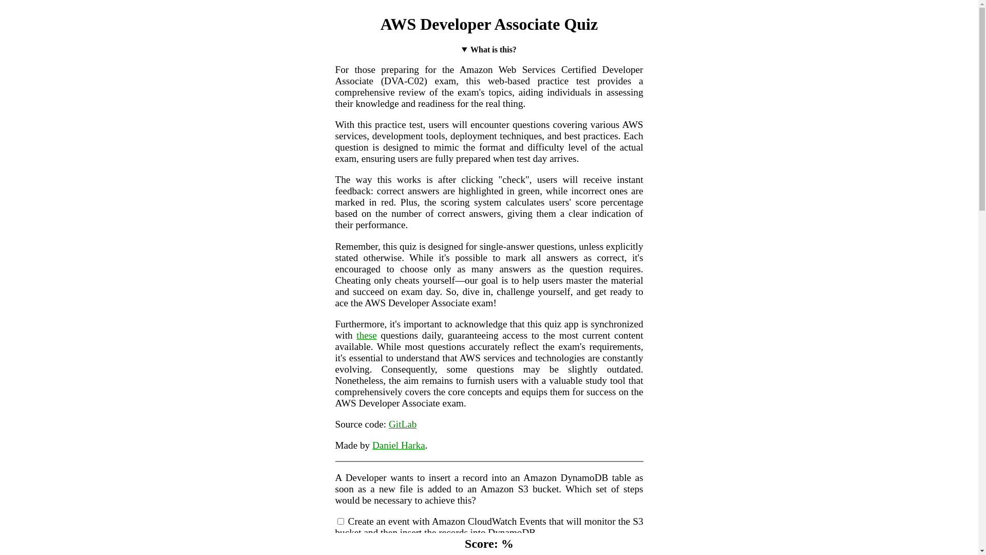website screenshot of https://aws-developer-associate-quiz.pages.dev/