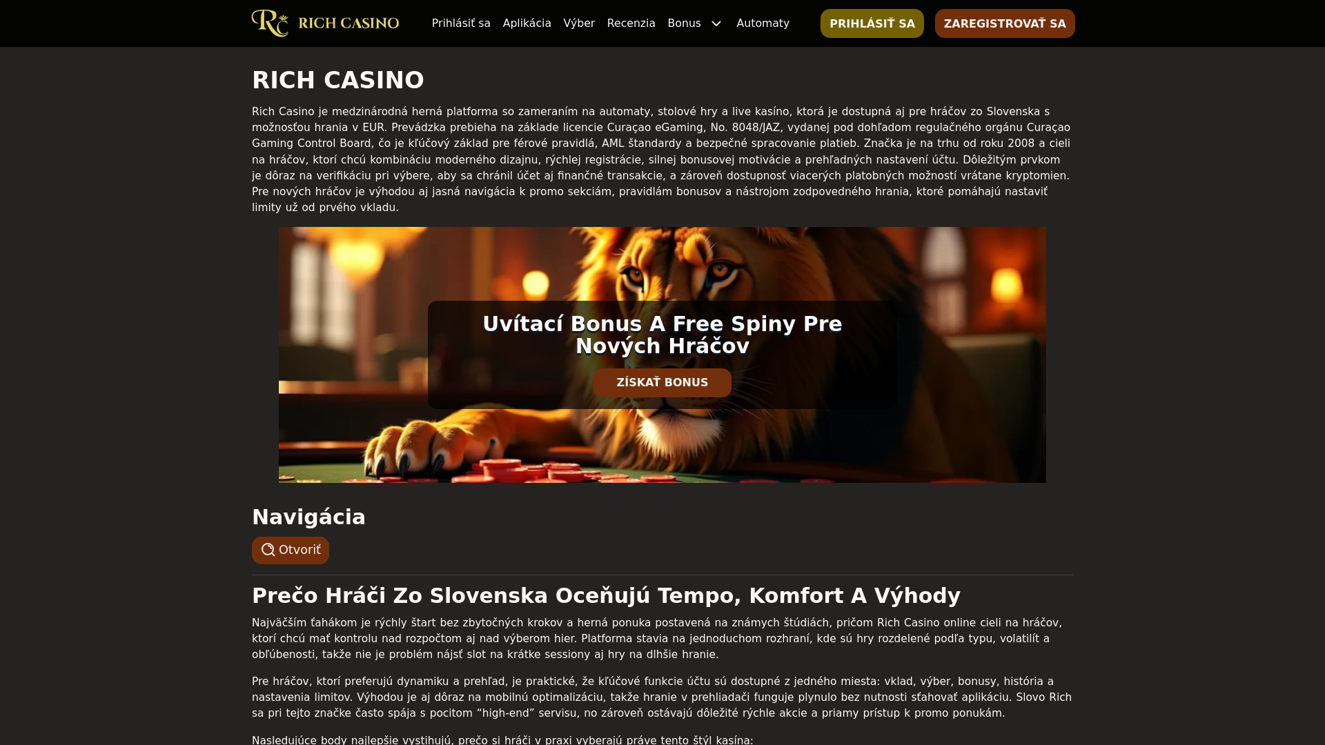 website screenshot of https://richcasino.sk/
