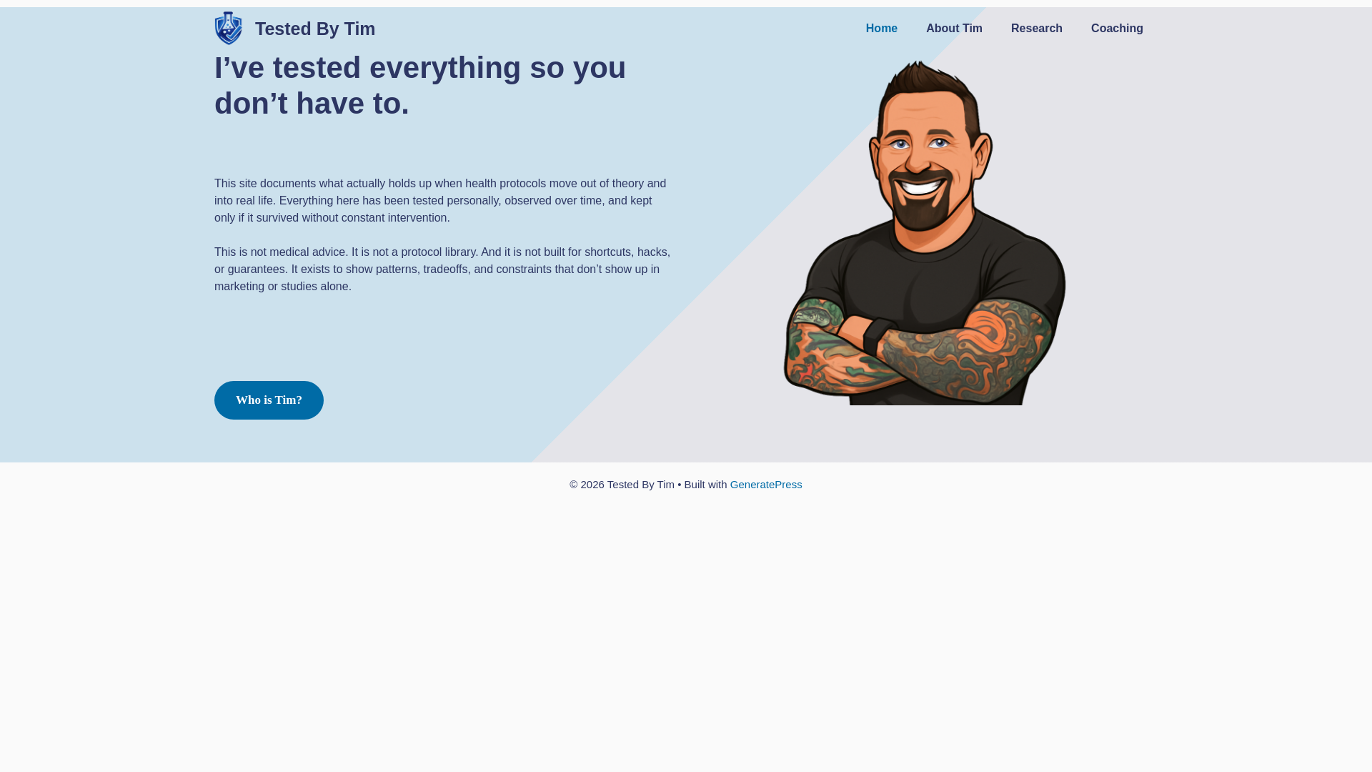 website screenshot of https://testedbytim.com