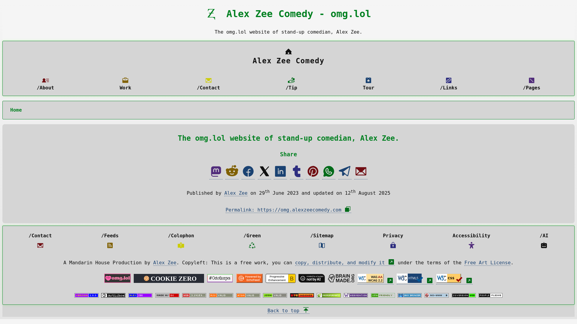 website screenshot of https://omg.alexzeecomedy.com/