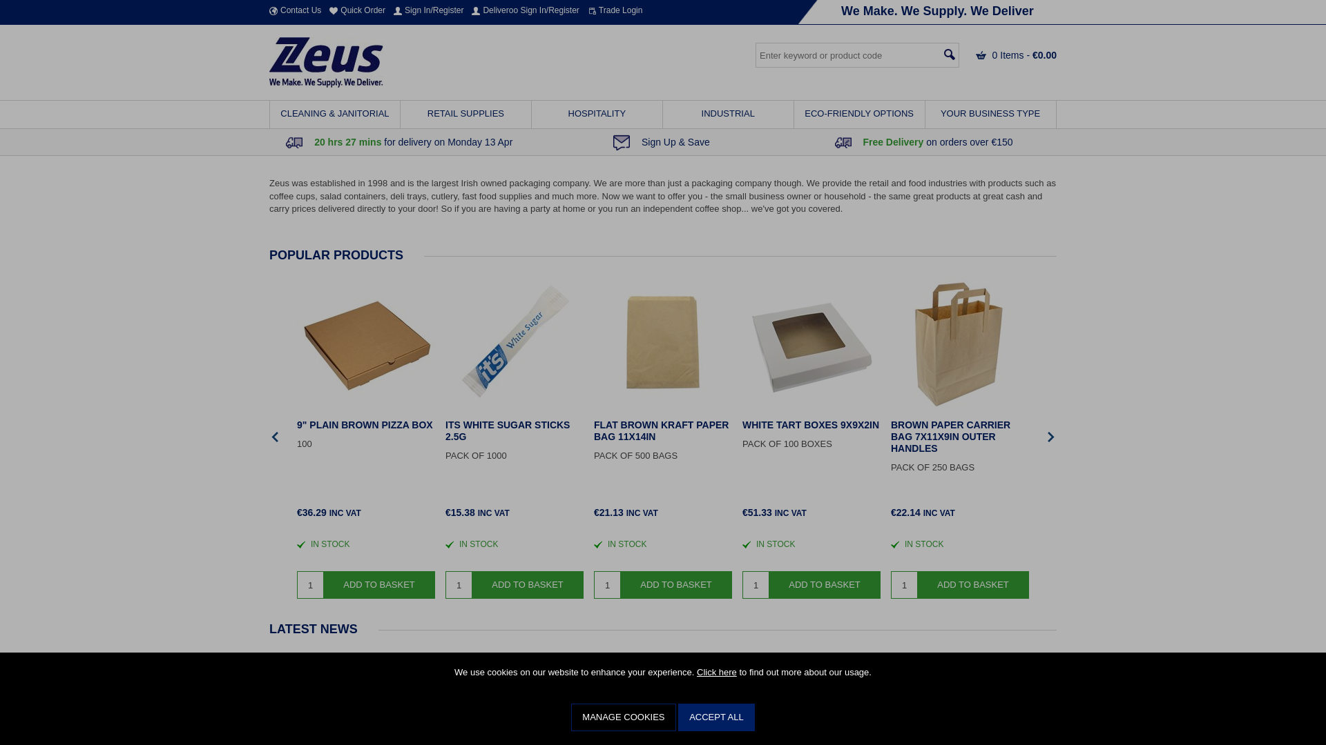 website screenshot of https://zeuspackagingsupply.com/