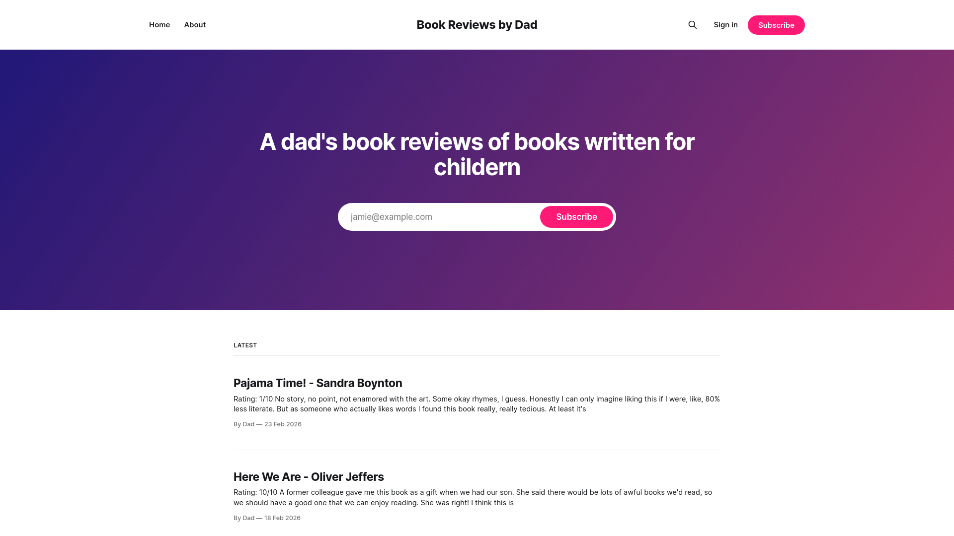 website screenshot of https://bookreviewsby.dad/