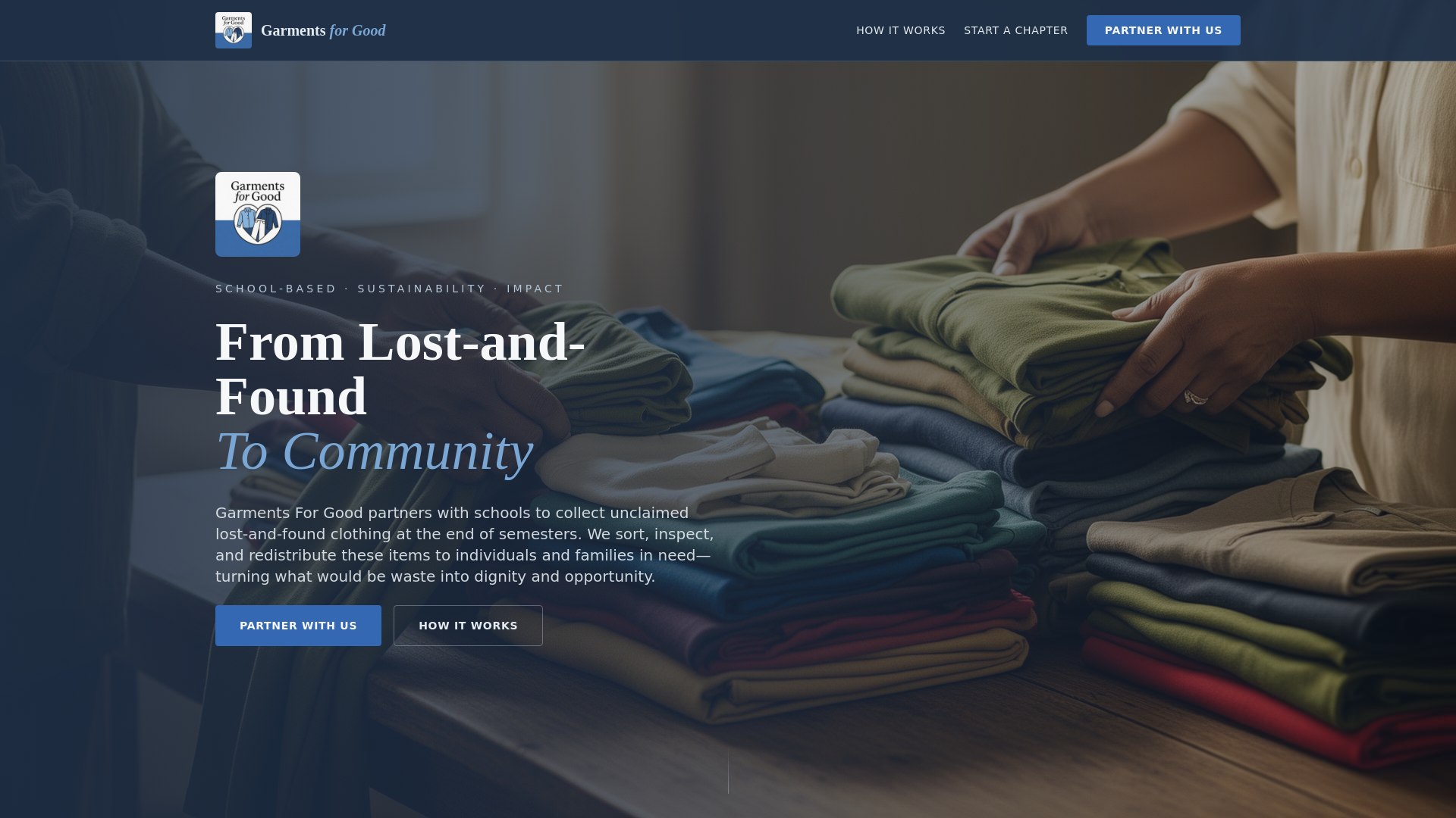 website screenshot of https://garmentsforgood.org/