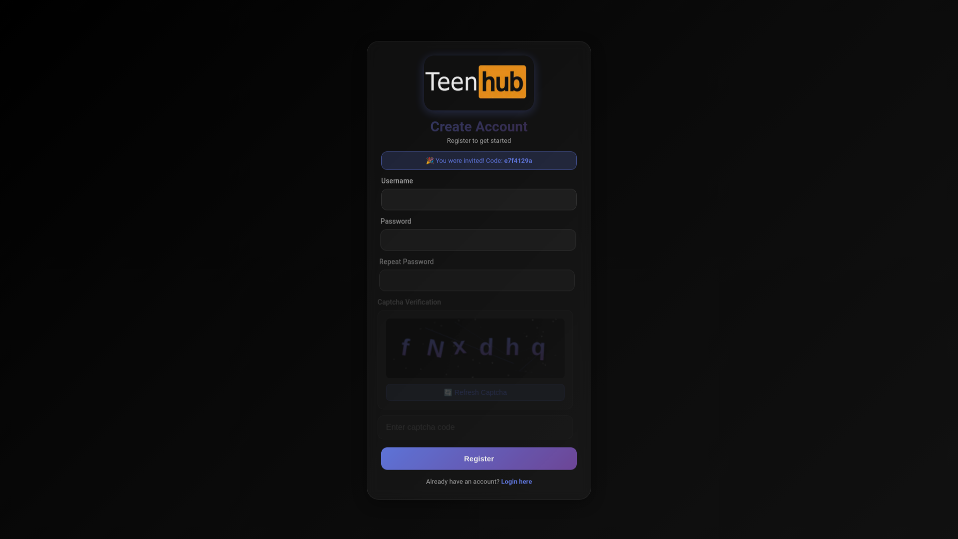website screenshot of https://teens29.vip/register?invite=e7f4129a