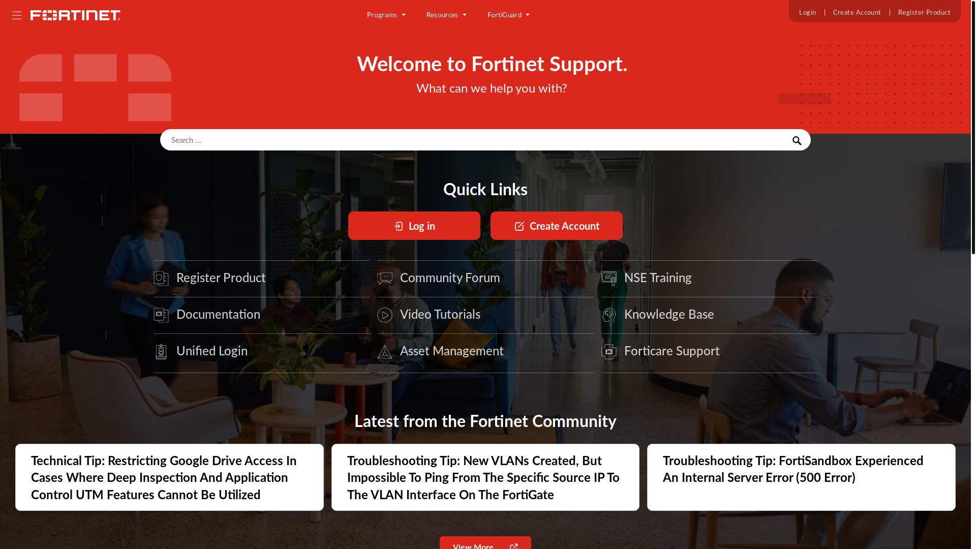 website screenshot of https://support.fortinet.com/