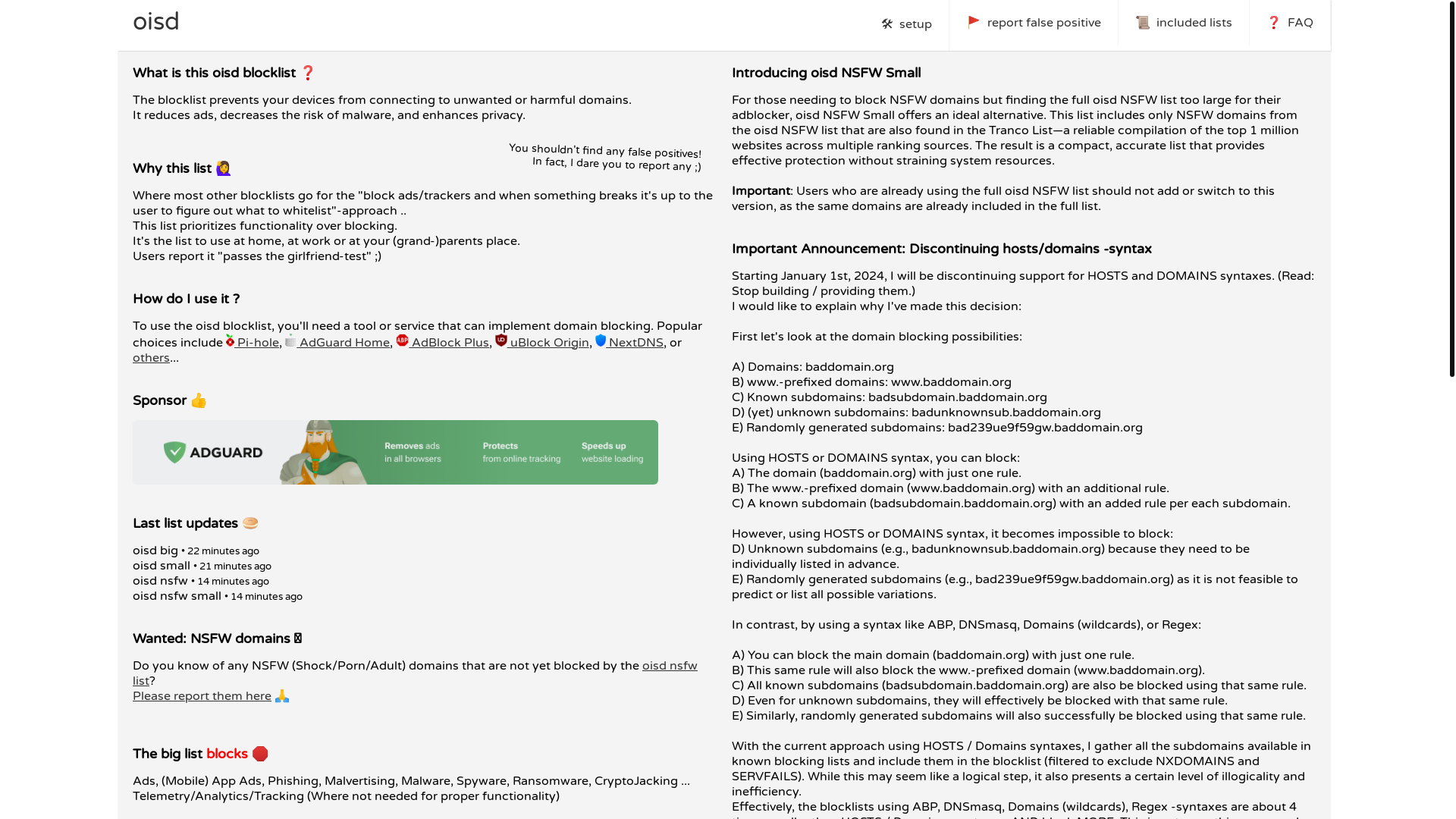 website screenshot of https://oisd.nl