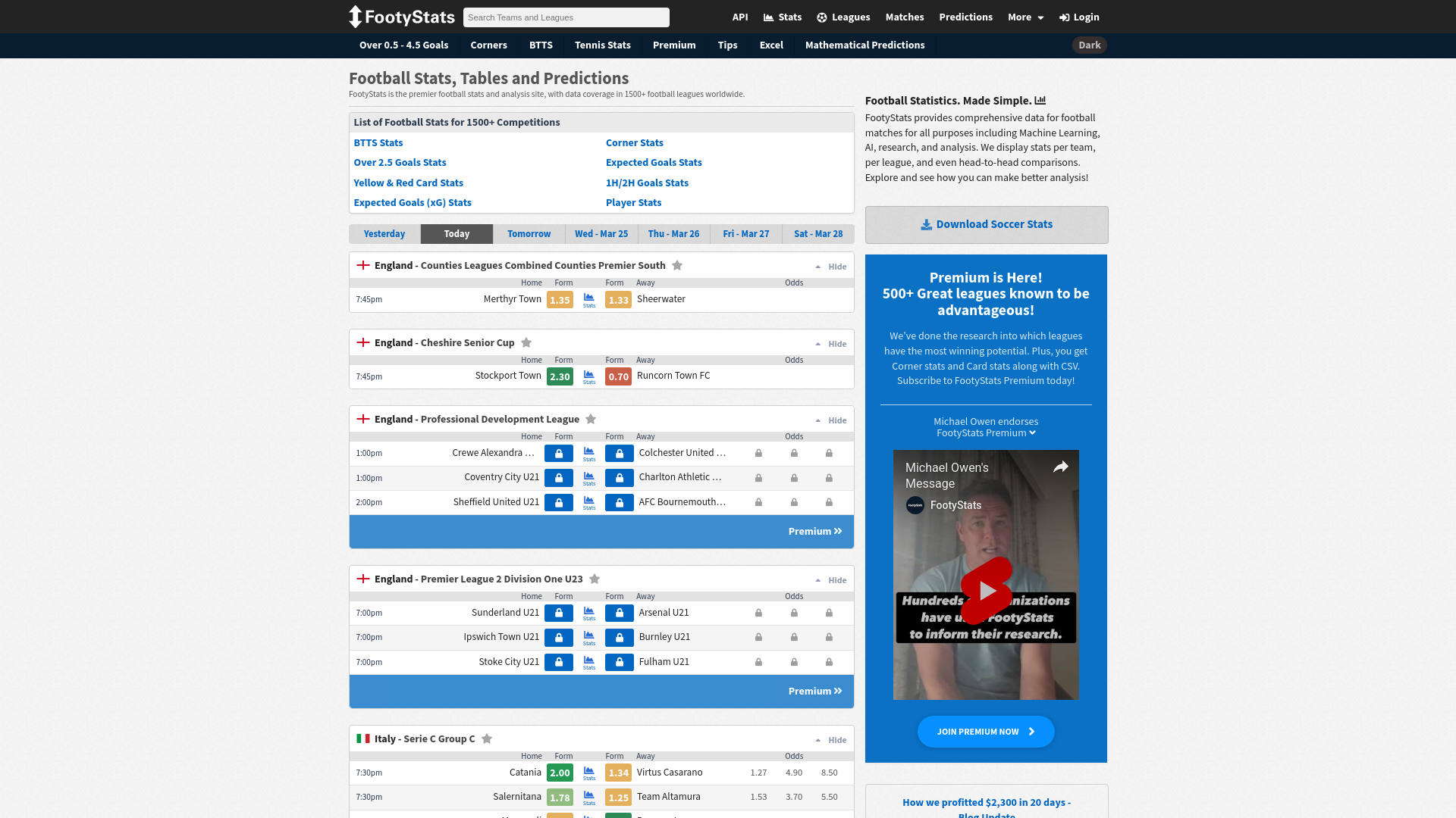 website screenshot of https://footystats.org