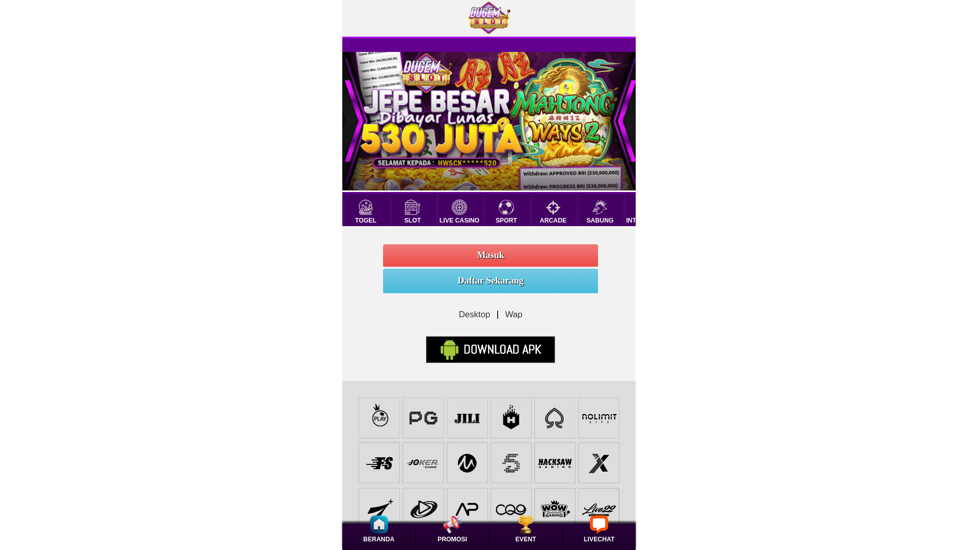 website screenshot of https://dugemslotamp.org/
