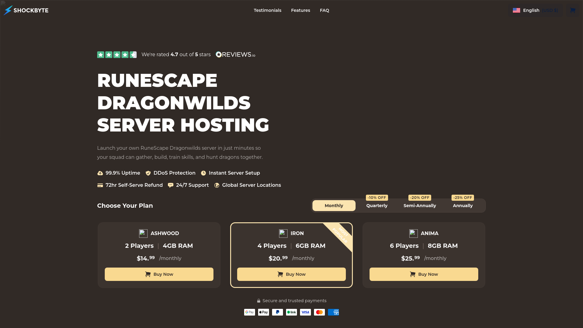 website screenshot of https://runescapeserverhosting.com