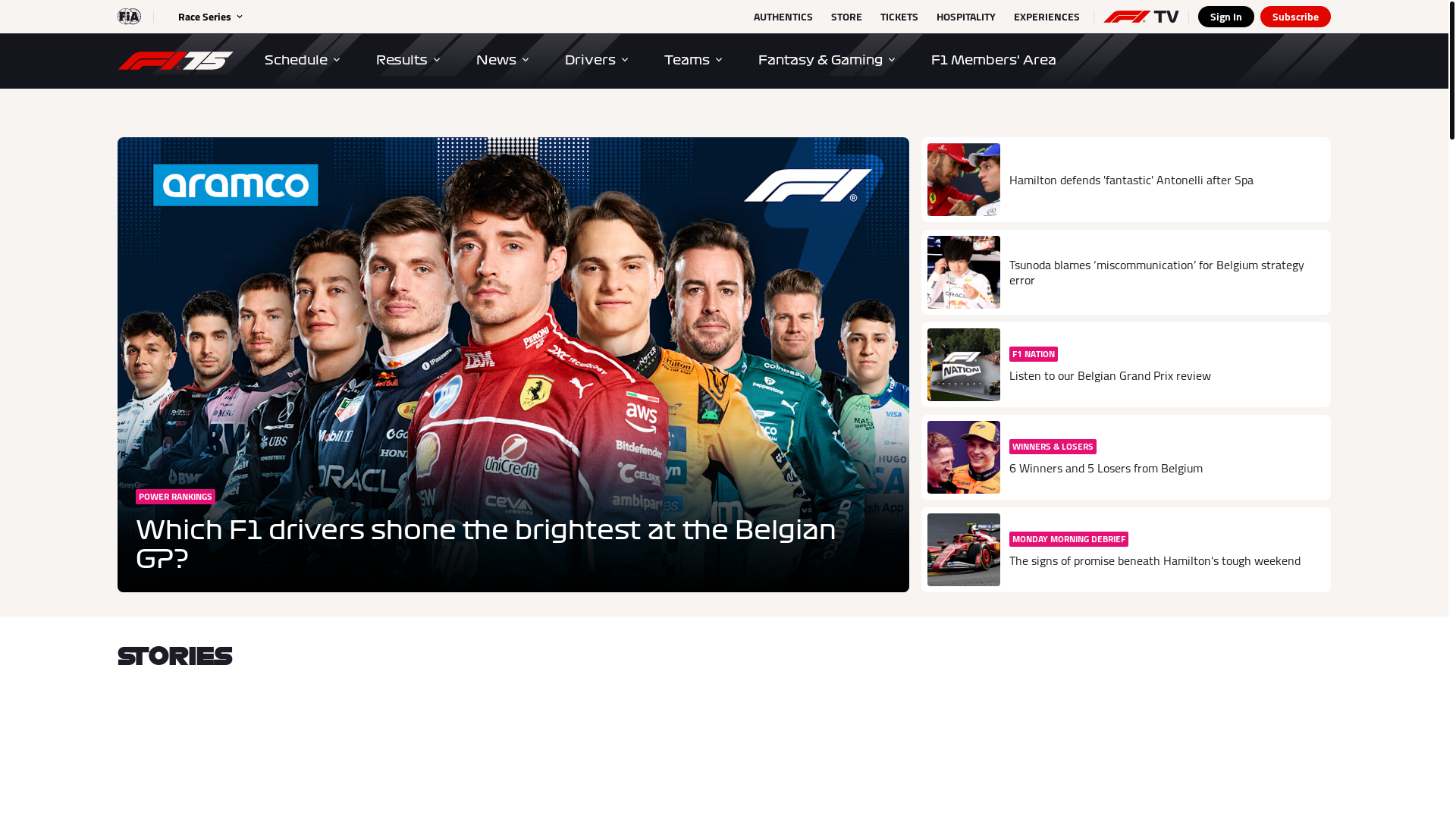 website screenshot of https://www.formula1.com/