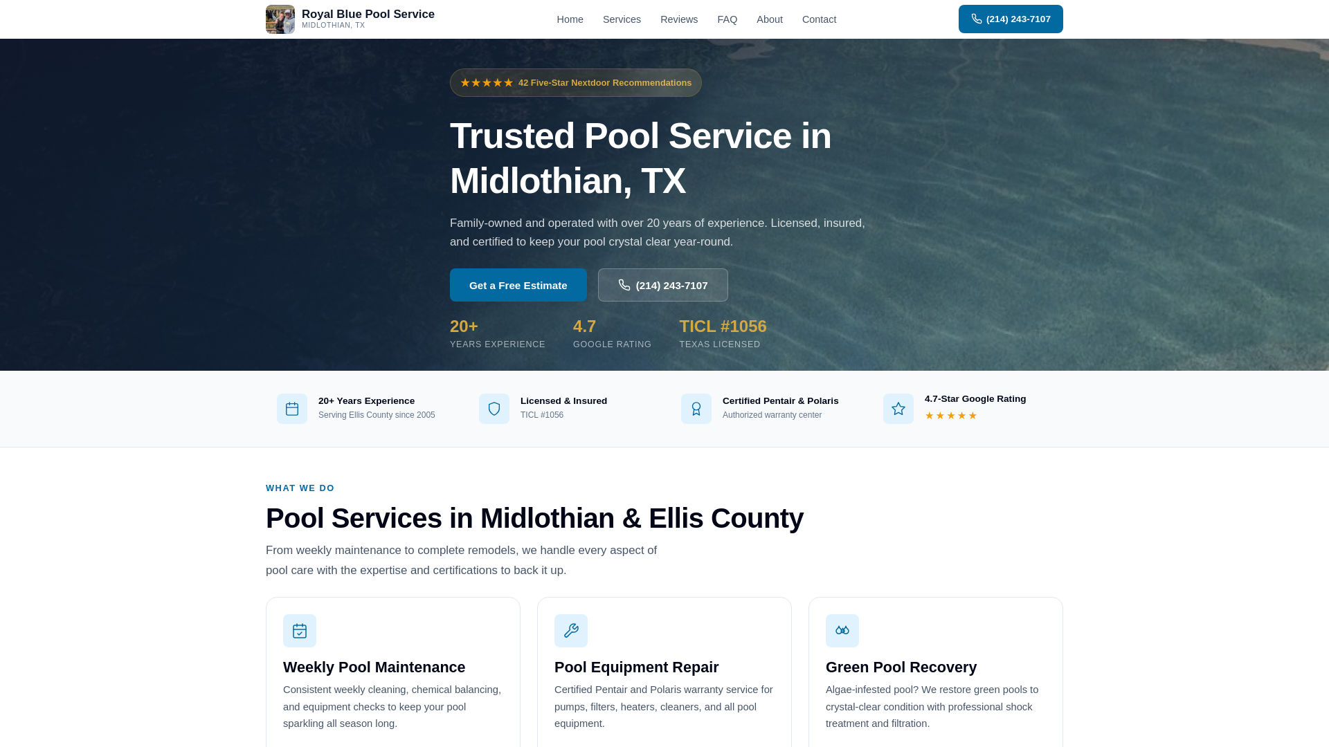 website screenshot of https://royal-blue-pool-service.pages.dev/