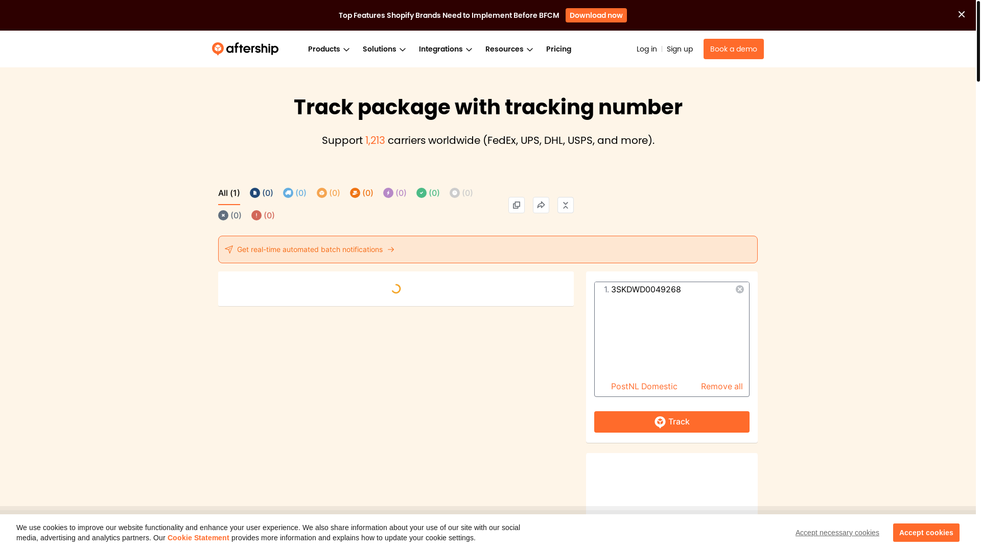 website screenshot of https://www.aftership.com/track/postnl/3SKDWD0049268