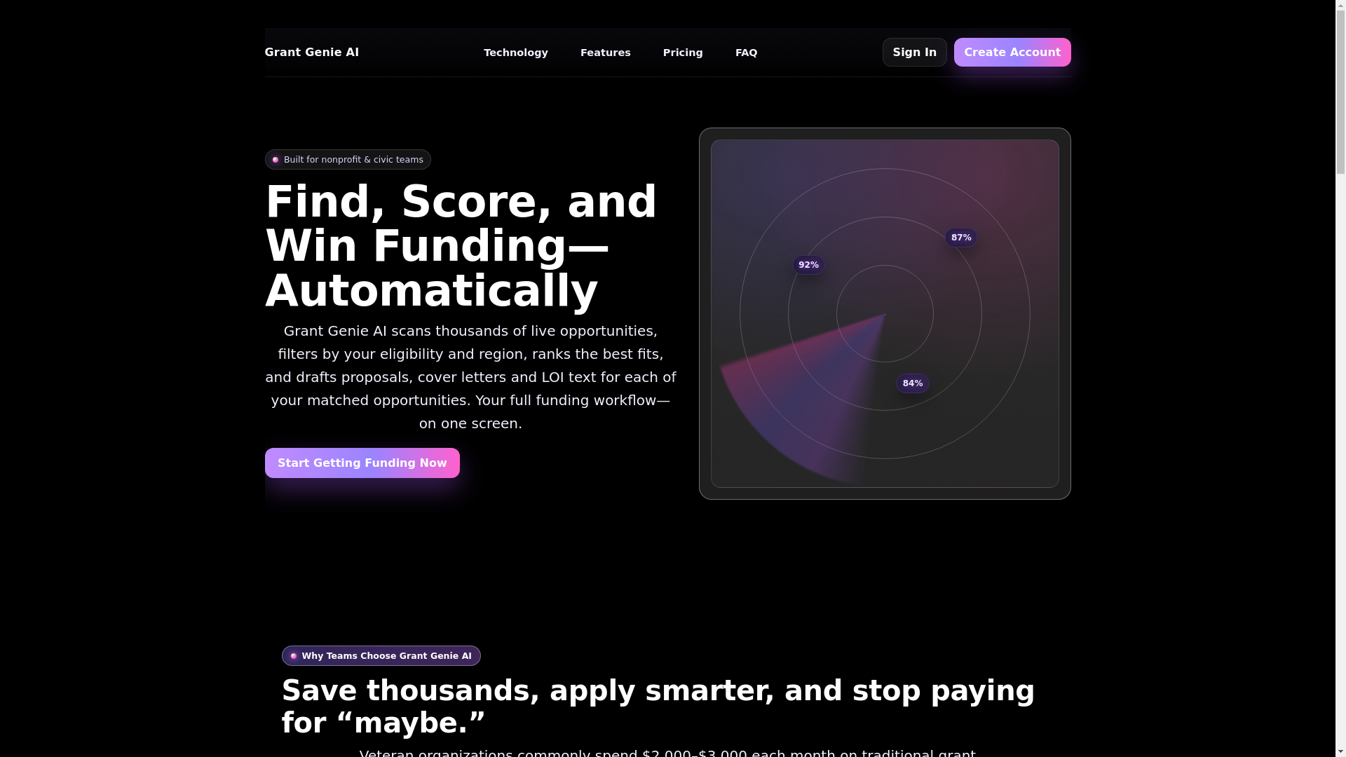 website screenshot of https://grantgenieai.org/