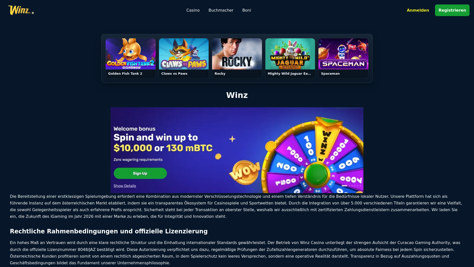 website screenshot of https://winz-casinobet.de