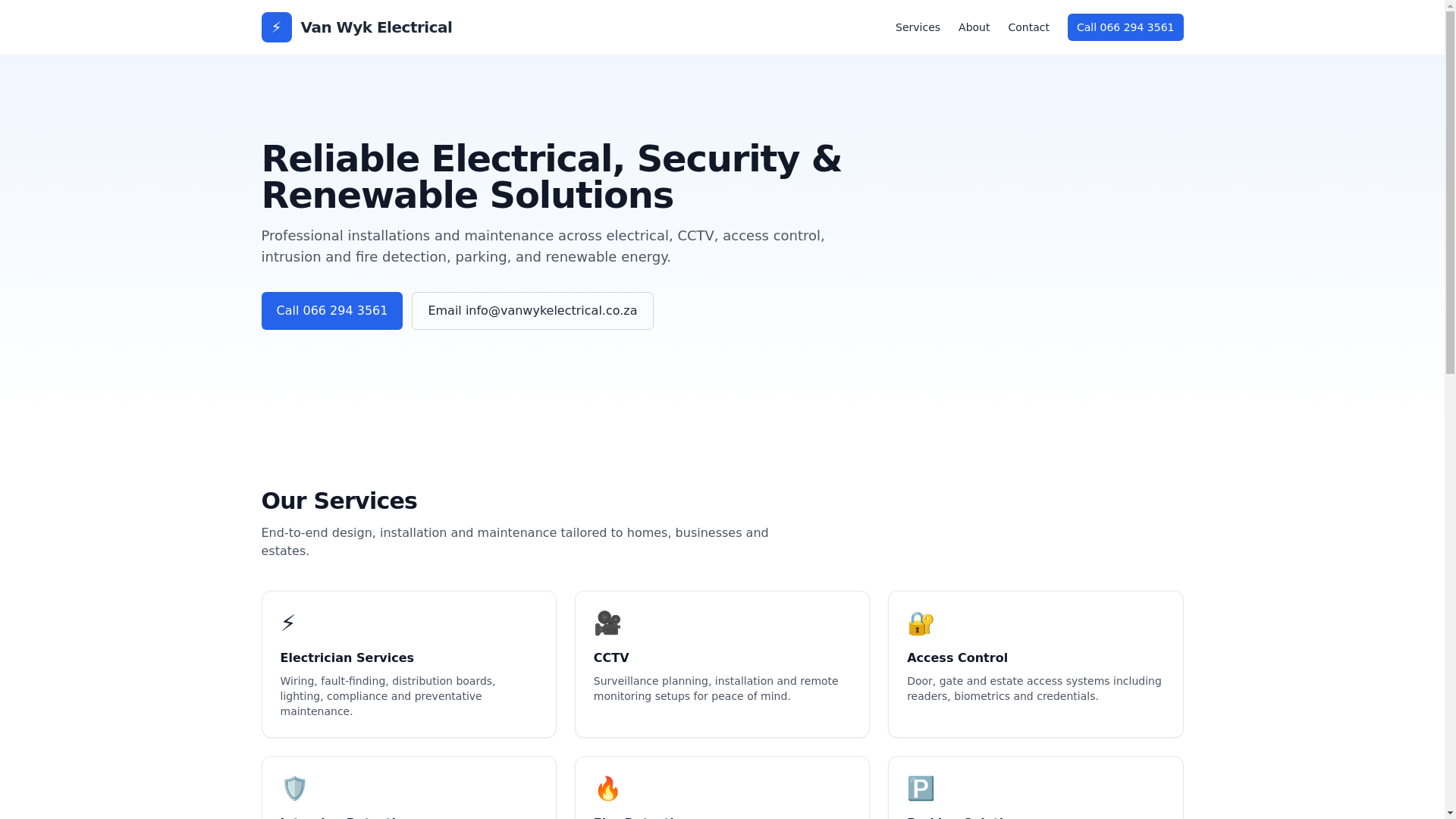 website screenshot of https://vanwykelectrical-coza.pages.dev/