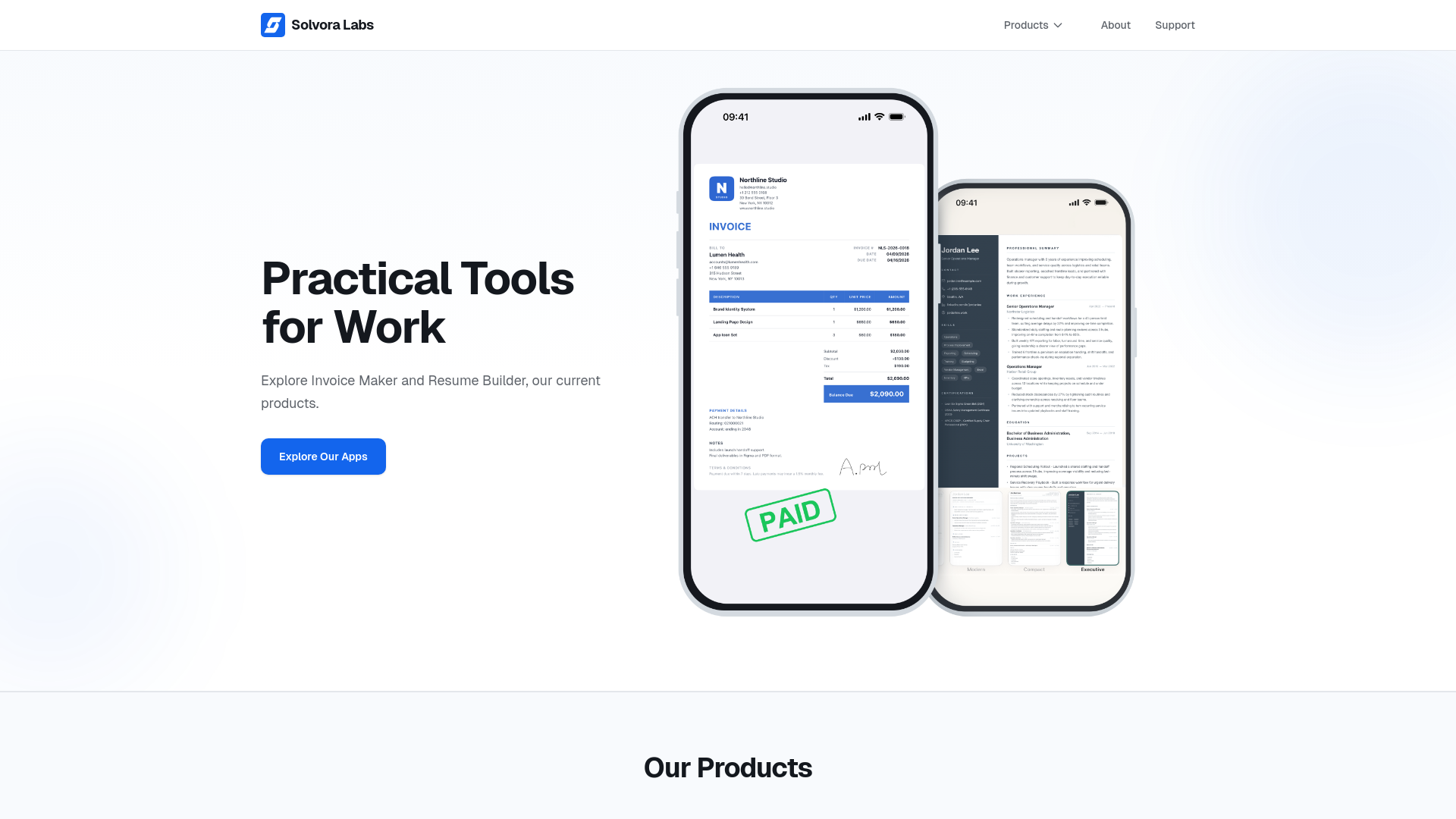 website screenshot of https://solvoralabs.com/