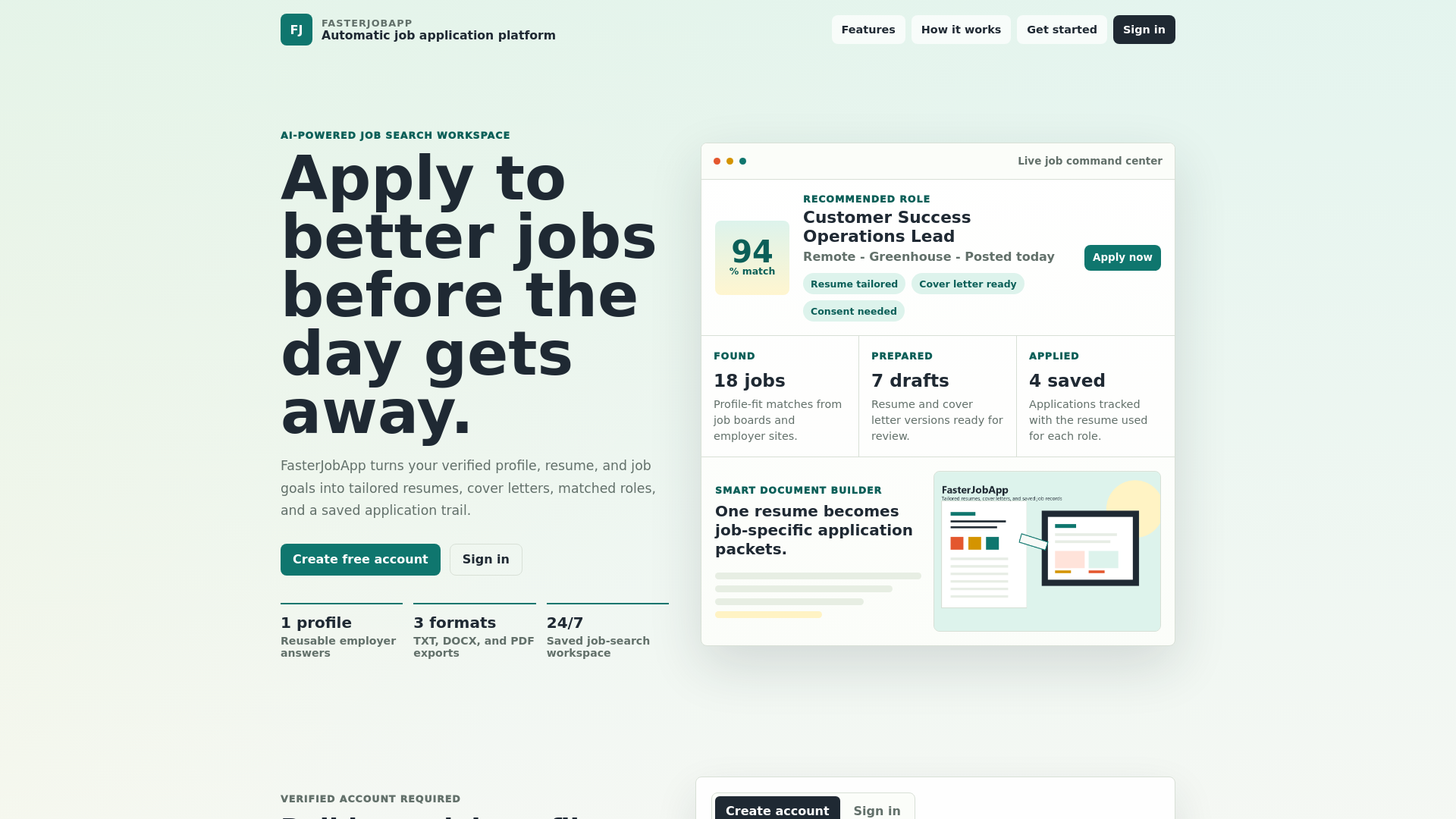 website screenshot of https://fasterjobapp.com/